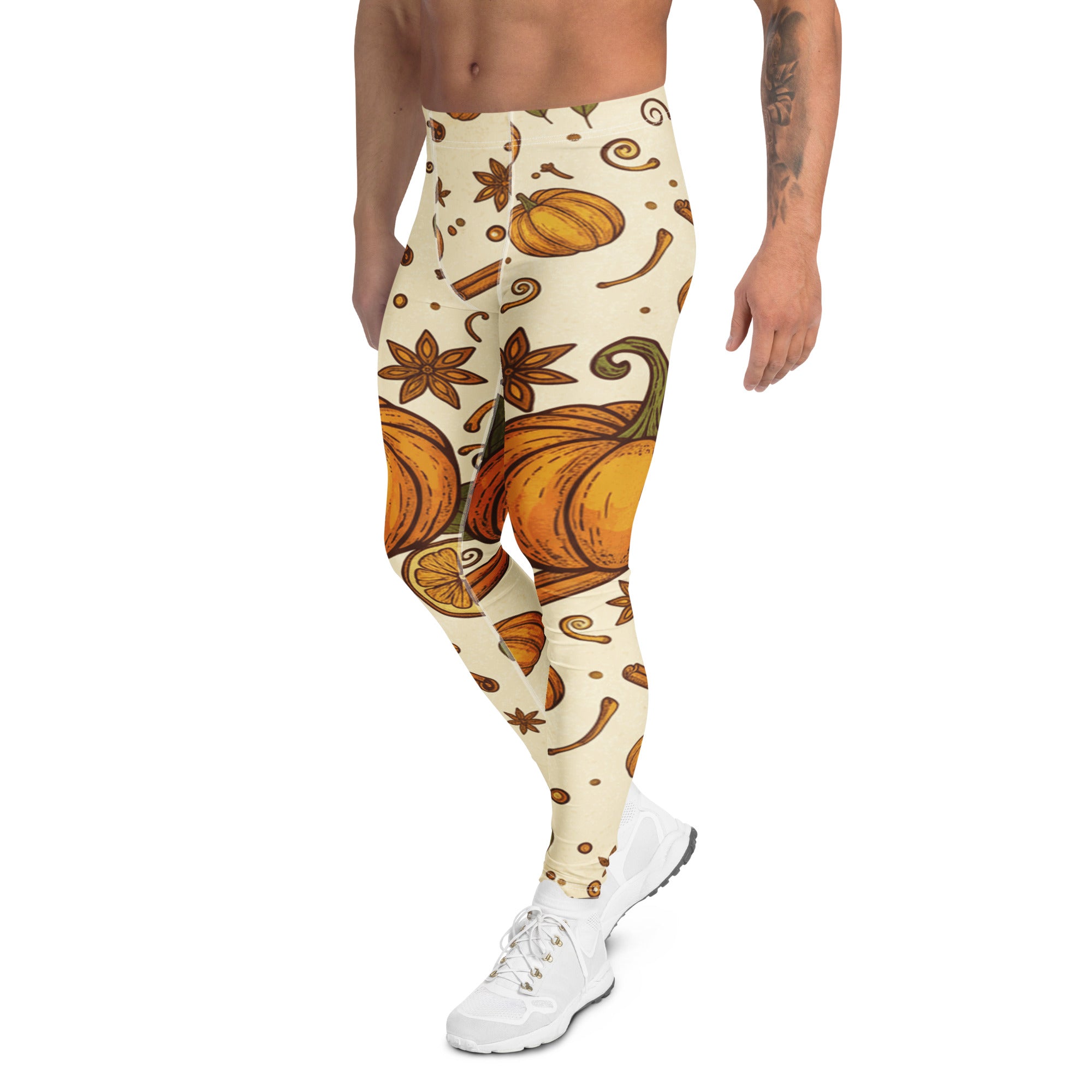 Men's pumpkin spice botanical meggings front view