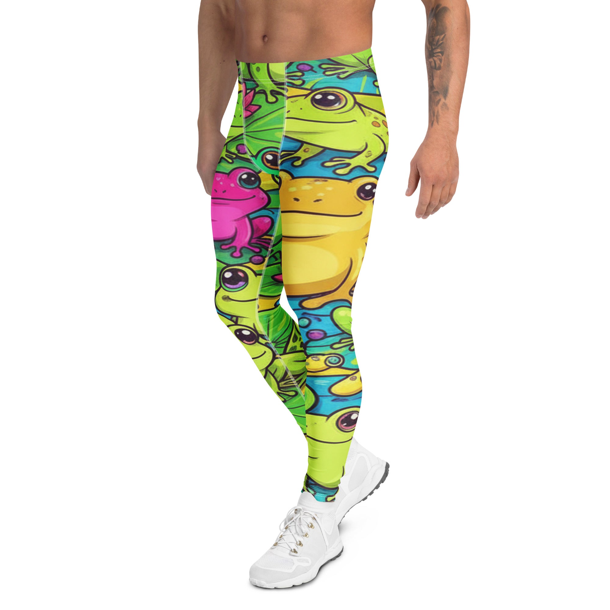 Men's vibrant frog pond printed leggings front view