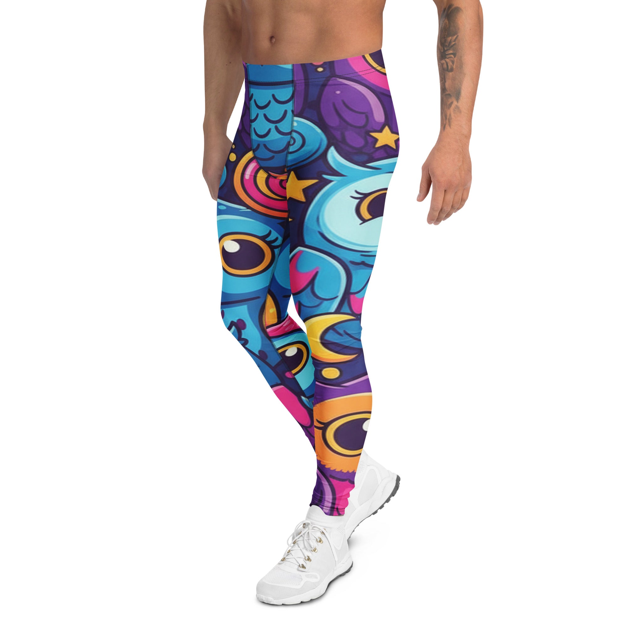 Men's vibrant owl night printed meggings front view