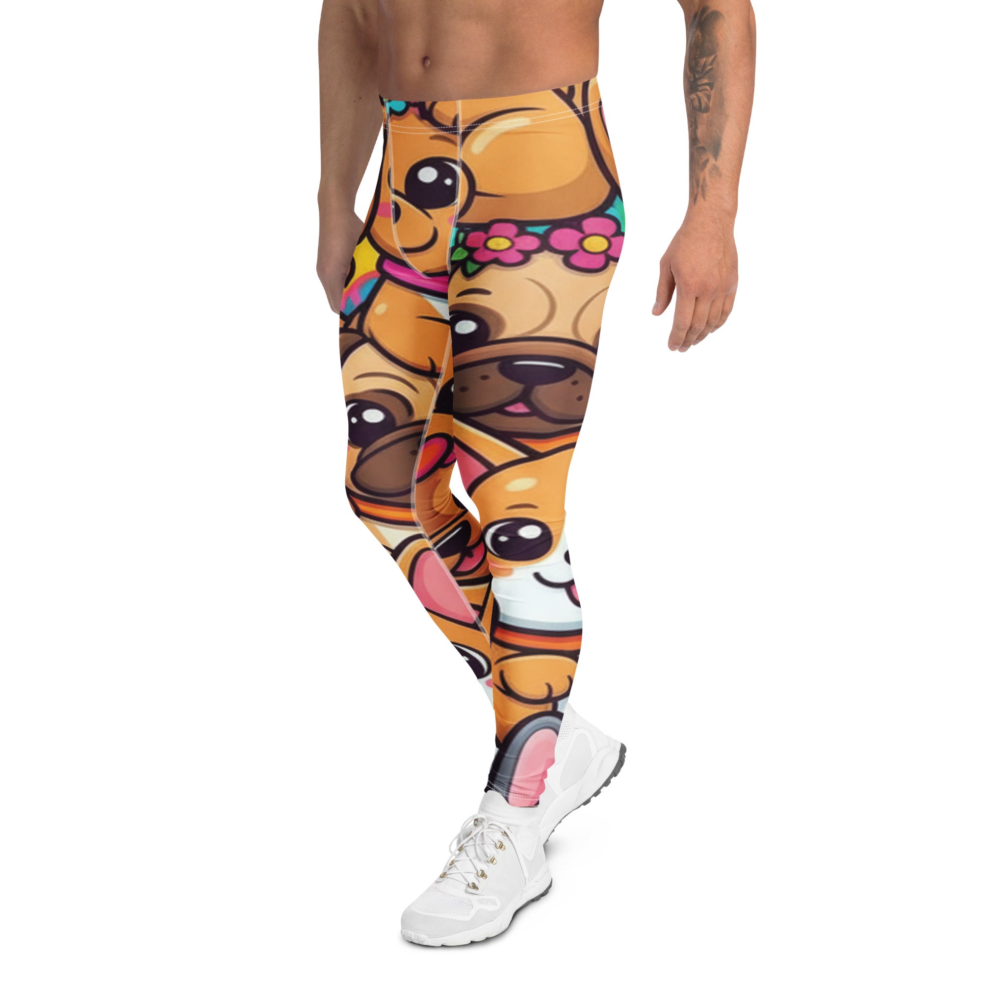 Men's vibrant puppy pile printed meggings front view