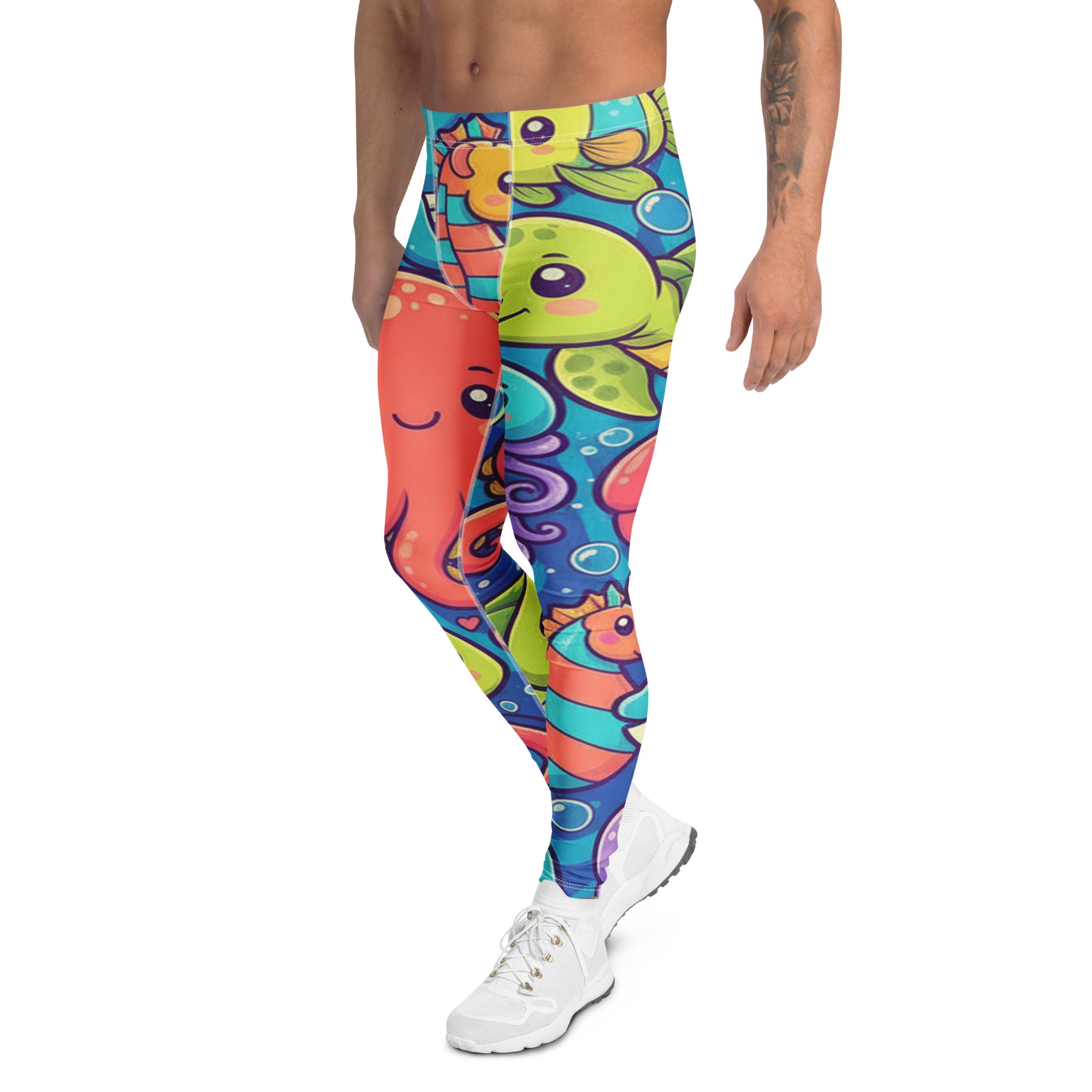 Men's vibrant under the sea printed meggings front view