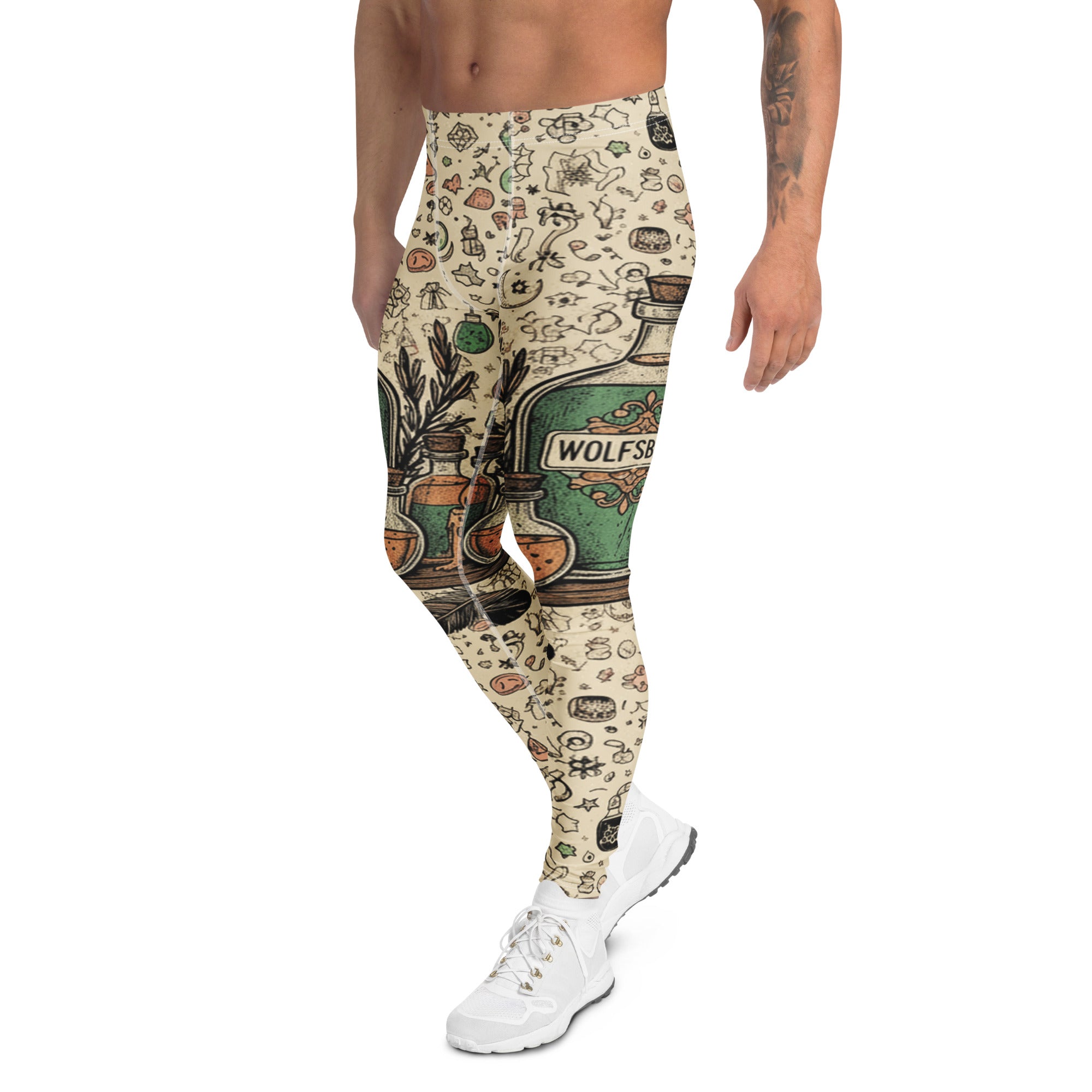 Women's apothecary bottles printed meggings front view