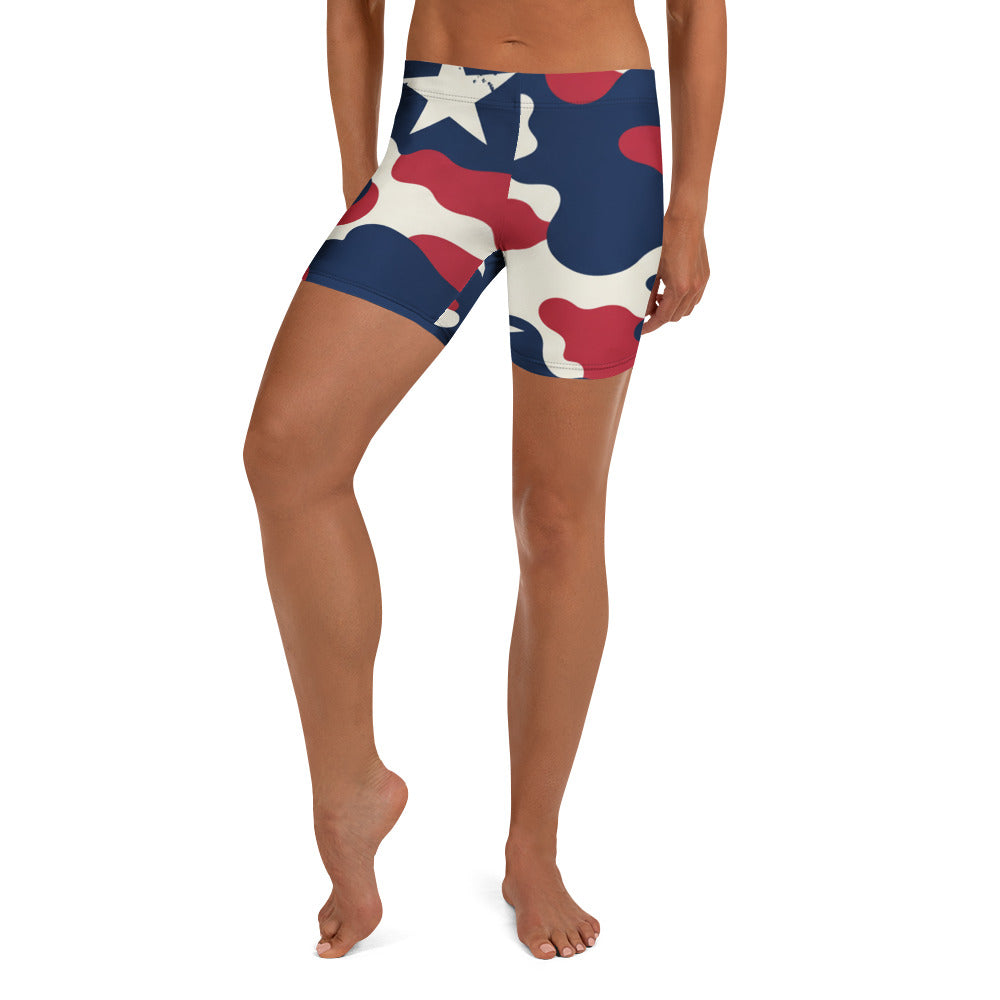 Women's red white blue camo stars shorts front view