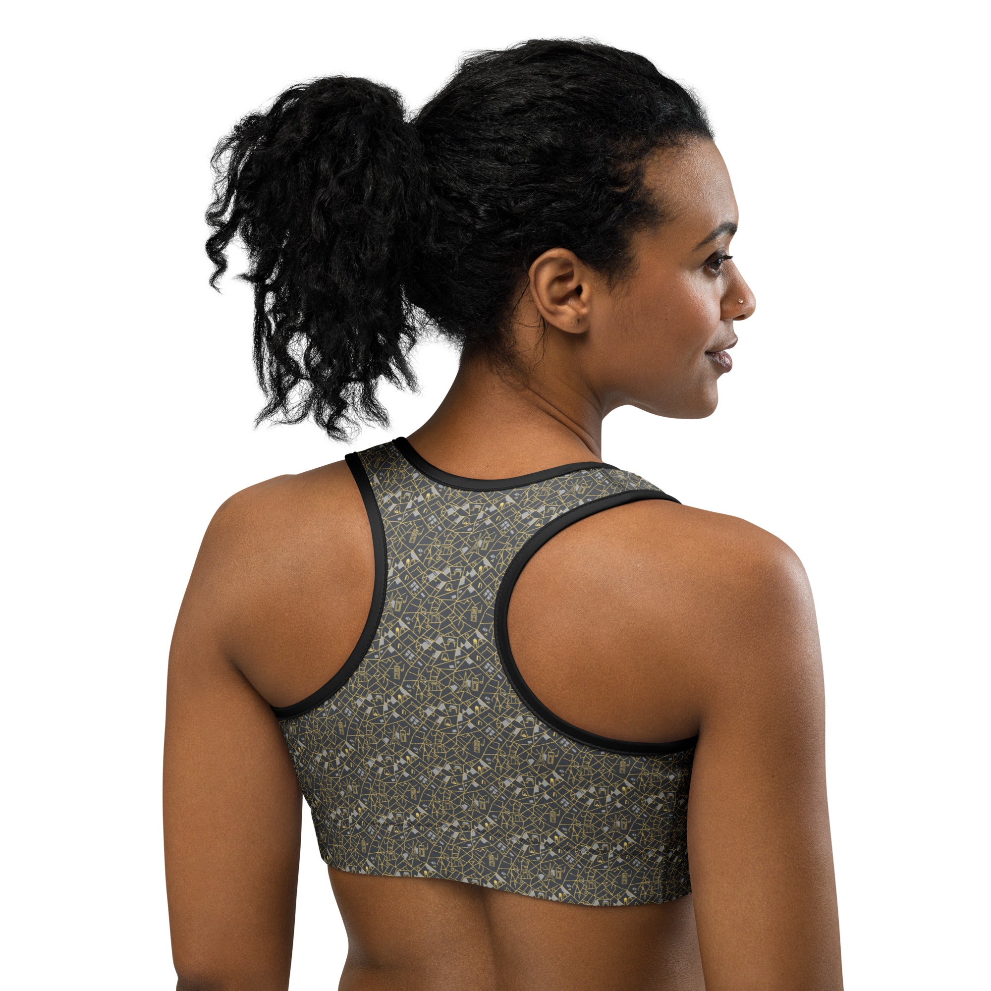 Paris Map Grey Gold Sports Bra | GearBunch