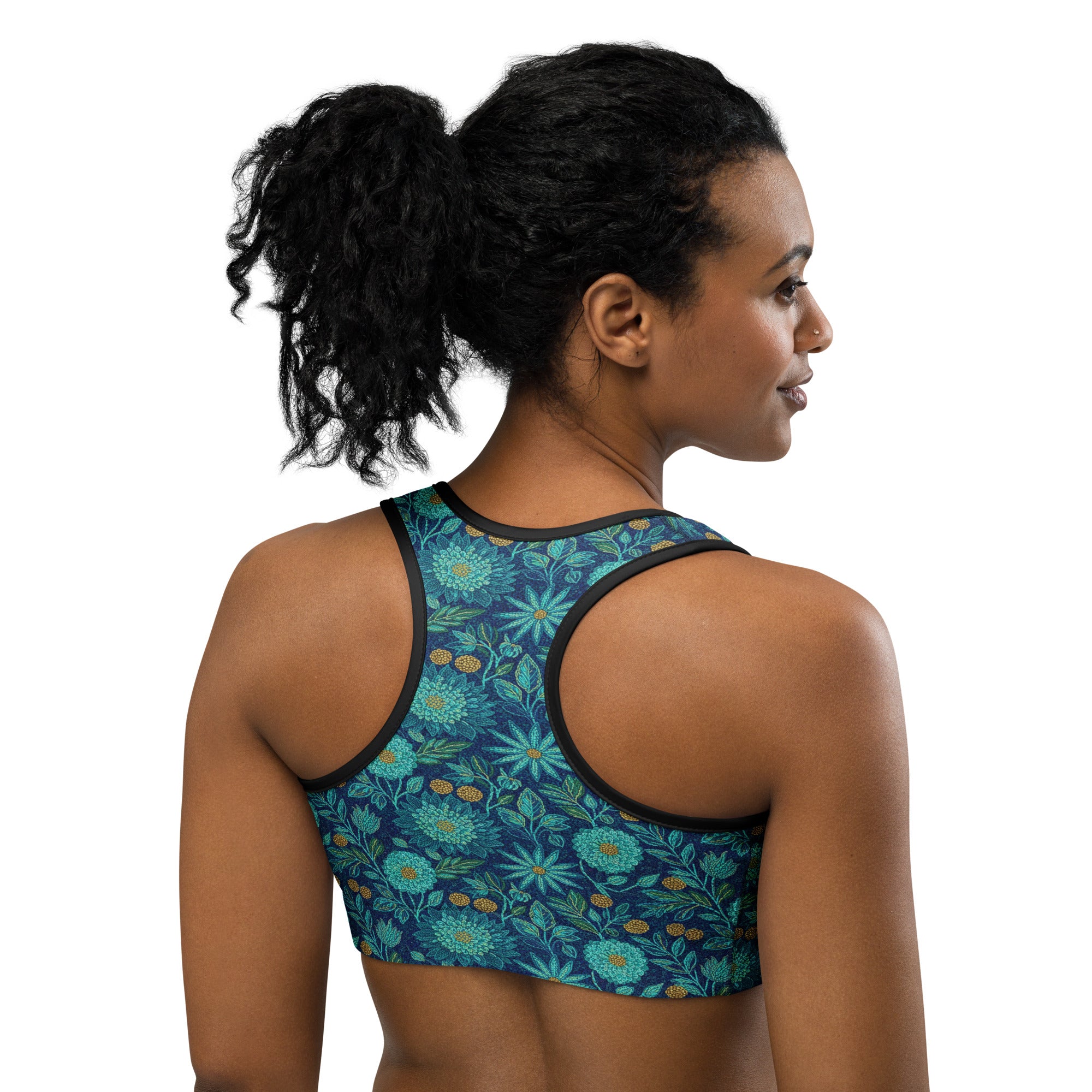 Teal Paillette Lotus Garden Sports Bra | GearBunch