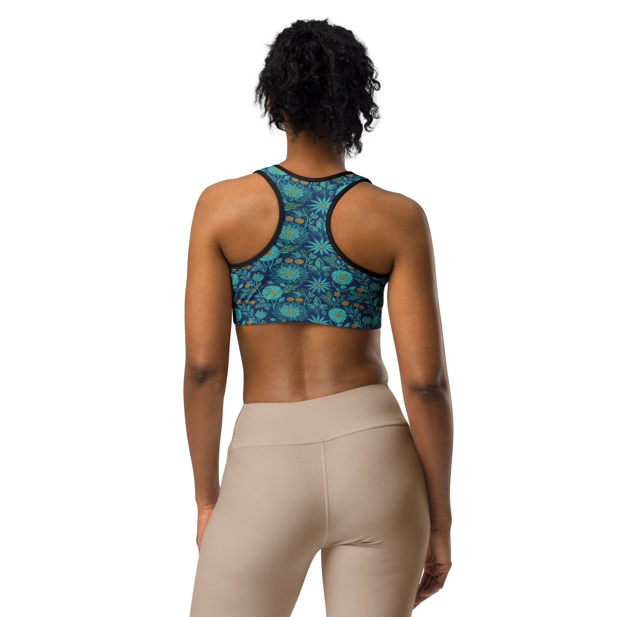 Teal Paillette Lotus Garden Sports Bra | GearBunch