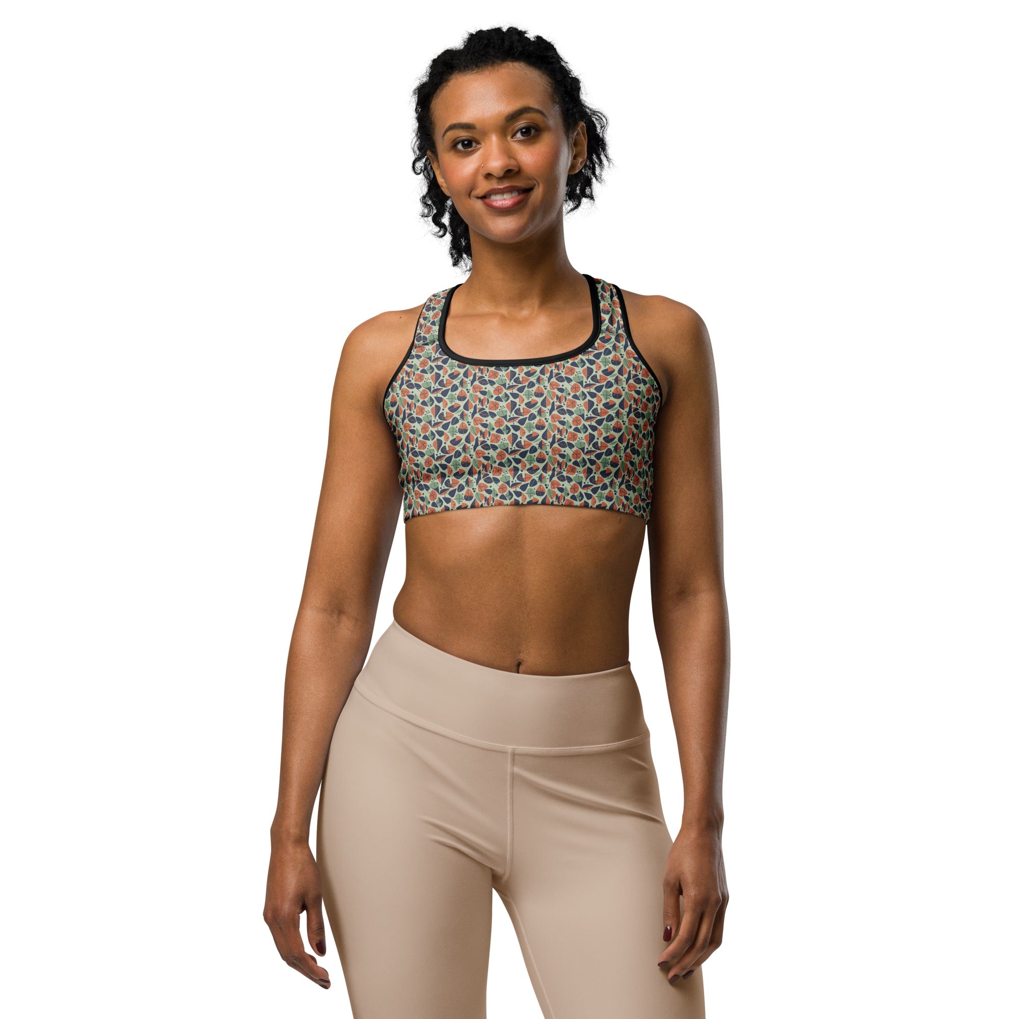 Women's mid century leaves sports bra front view