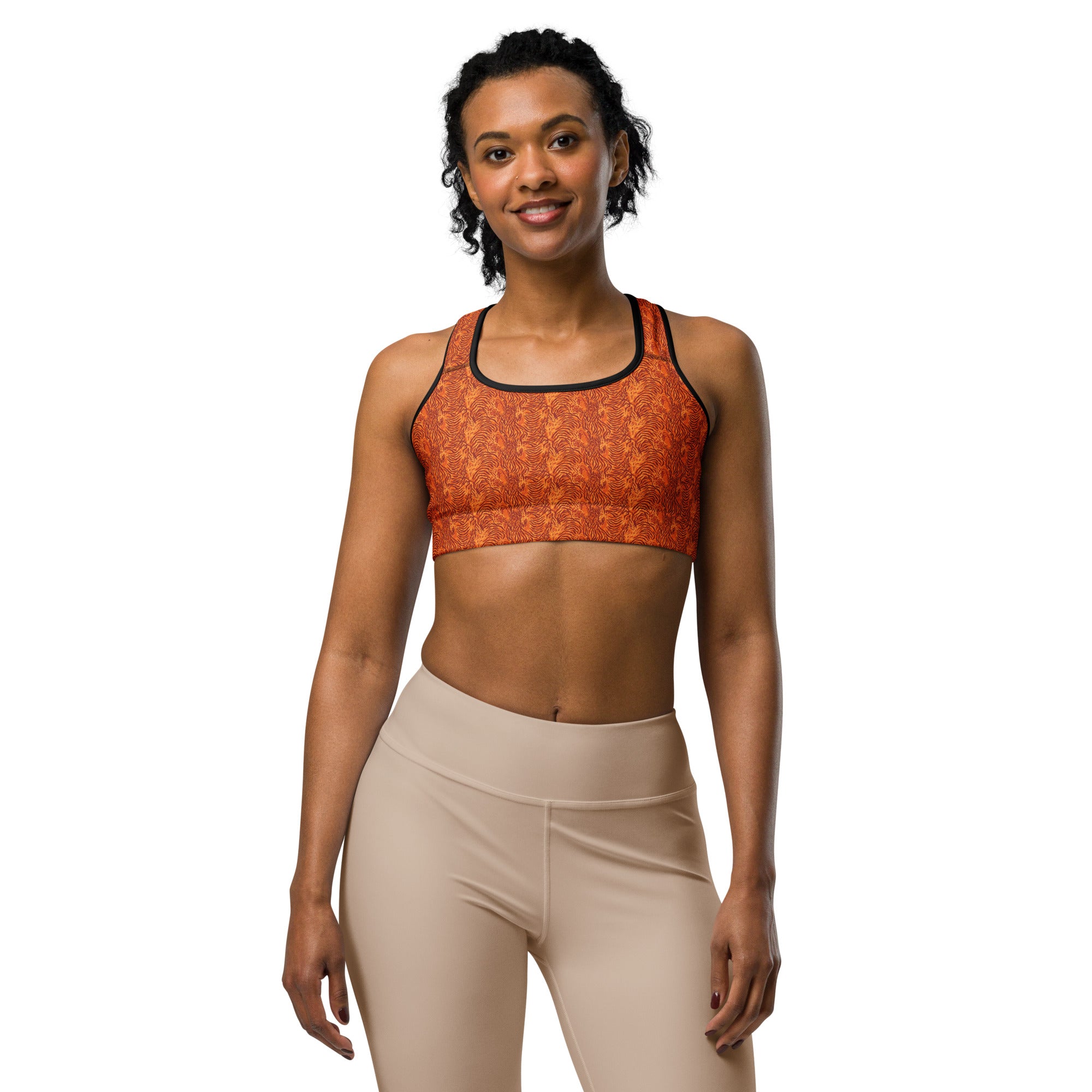 Women's tiger bengal printed sports bra front view