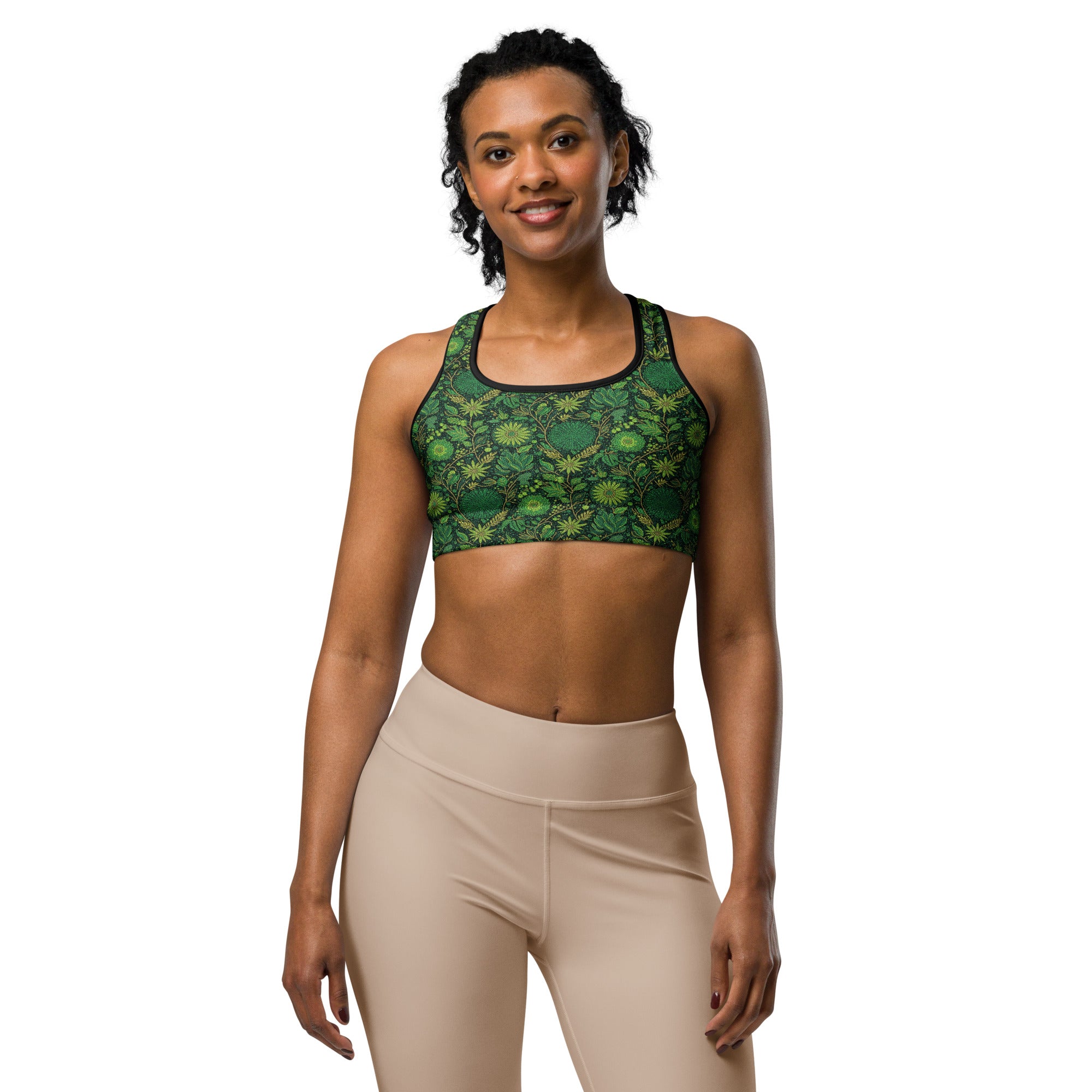 Women's emerald jungle sports bra front view