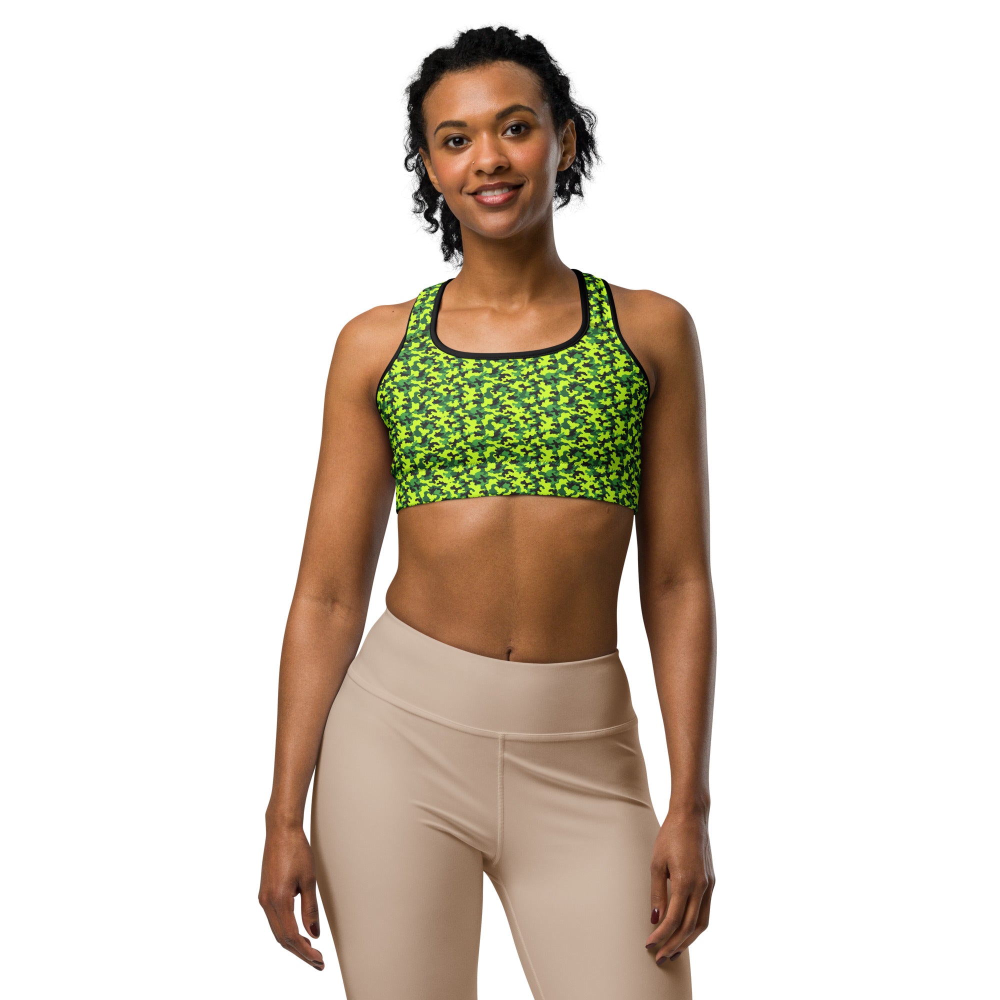 Women's neon camo sports bra front view
