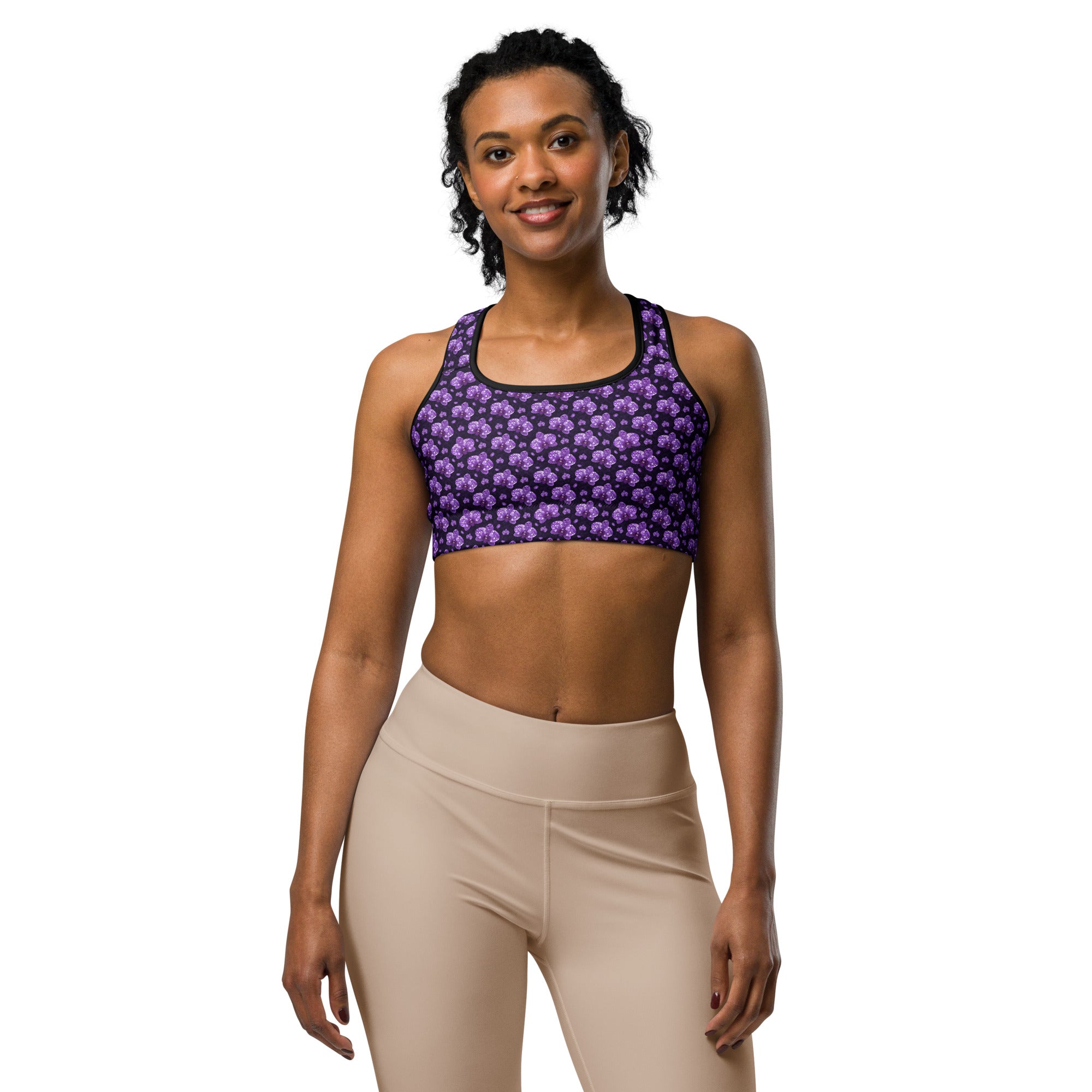 Women's purple paillette orchid sports bra front view