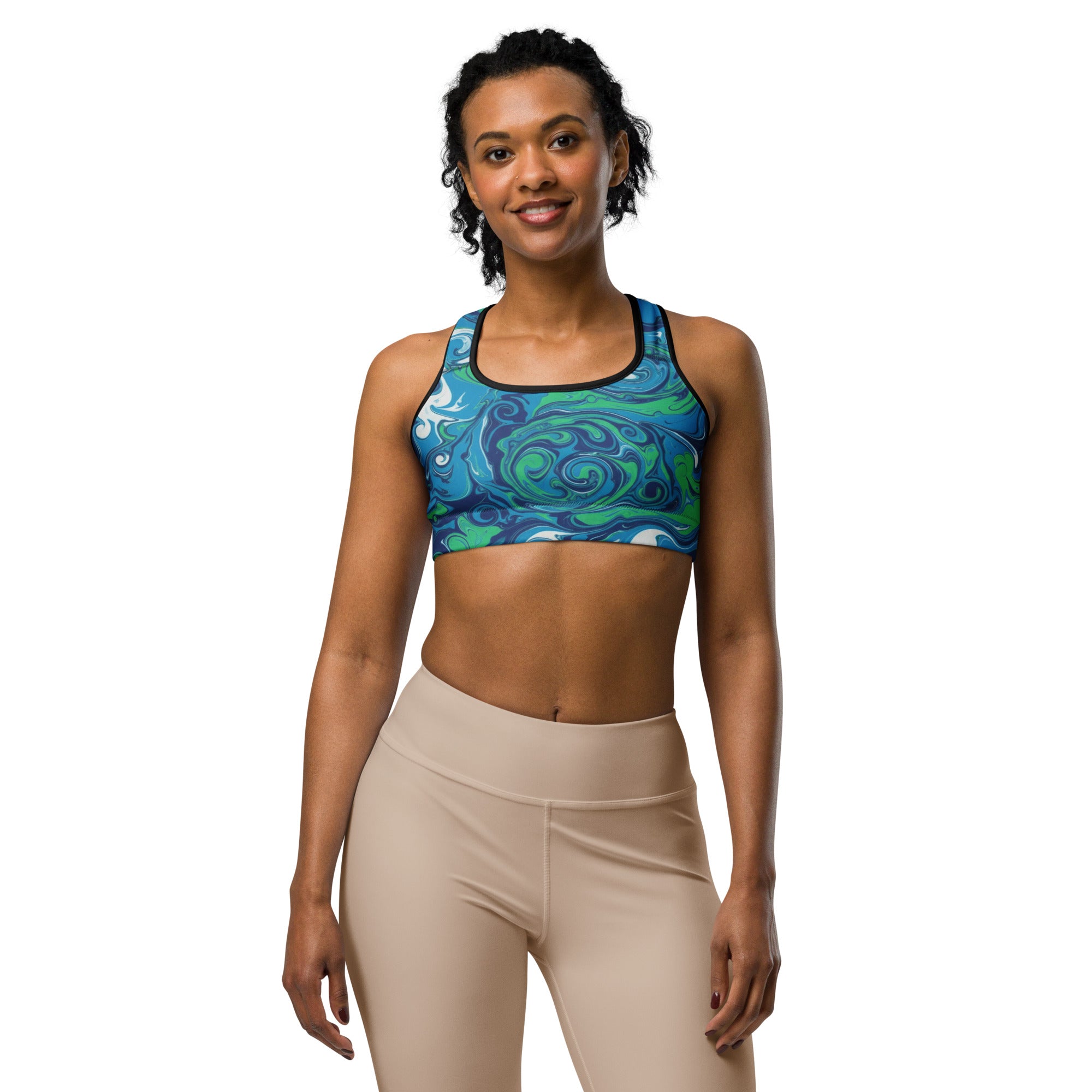 Women's liquid marble arctic aurora sports bra front view