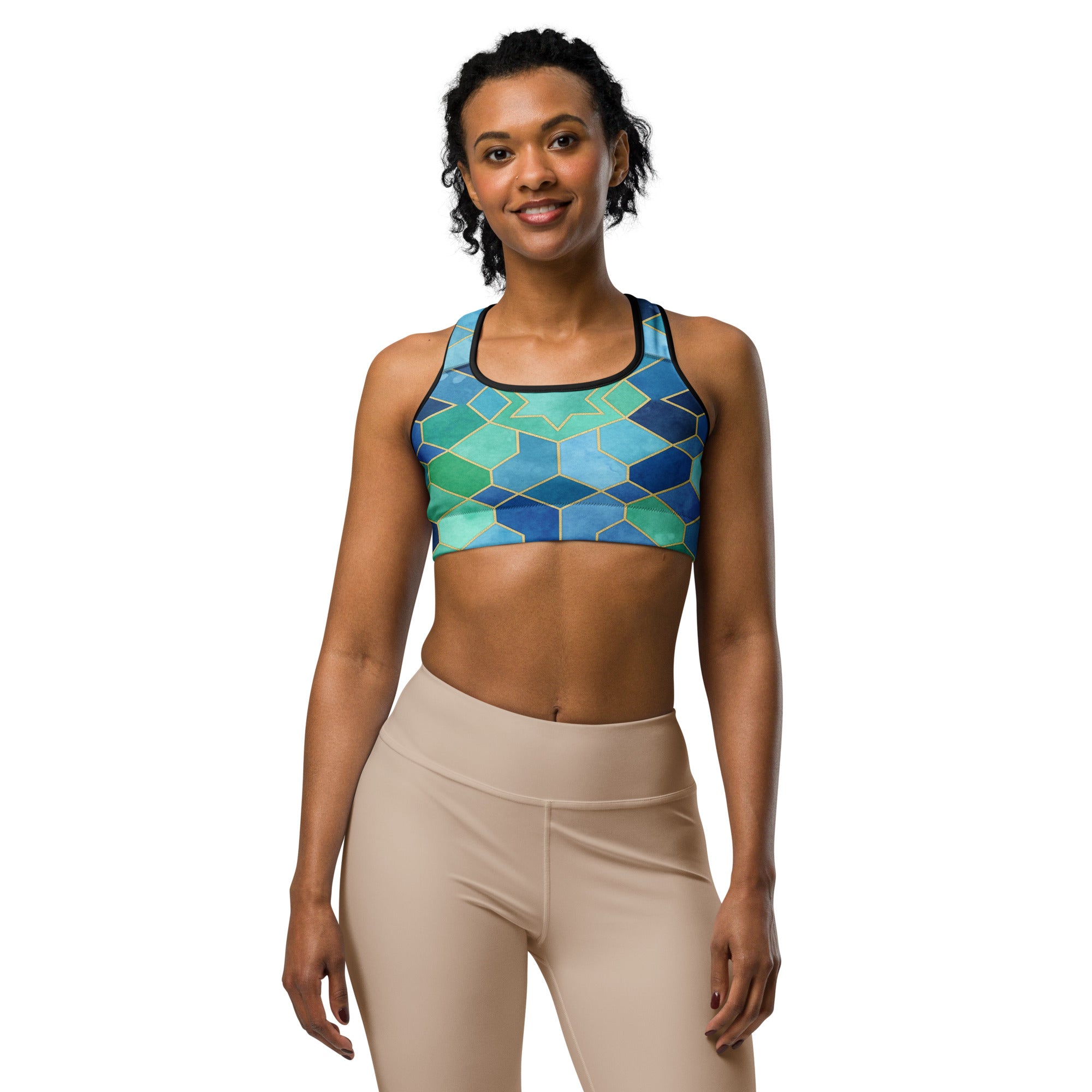Women's ocean blues printed sports bra front view