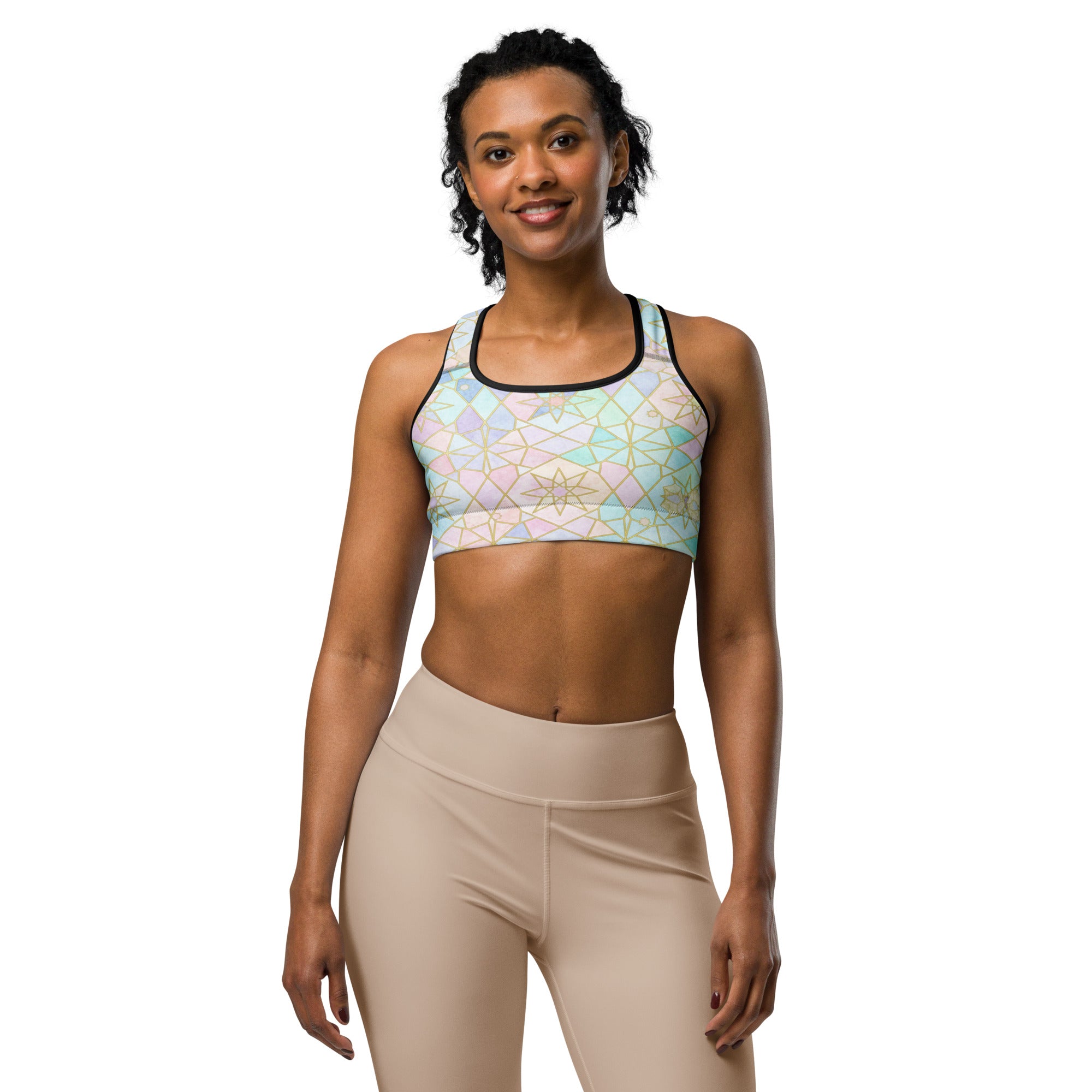 Women's rainbow pastel sports bra front view