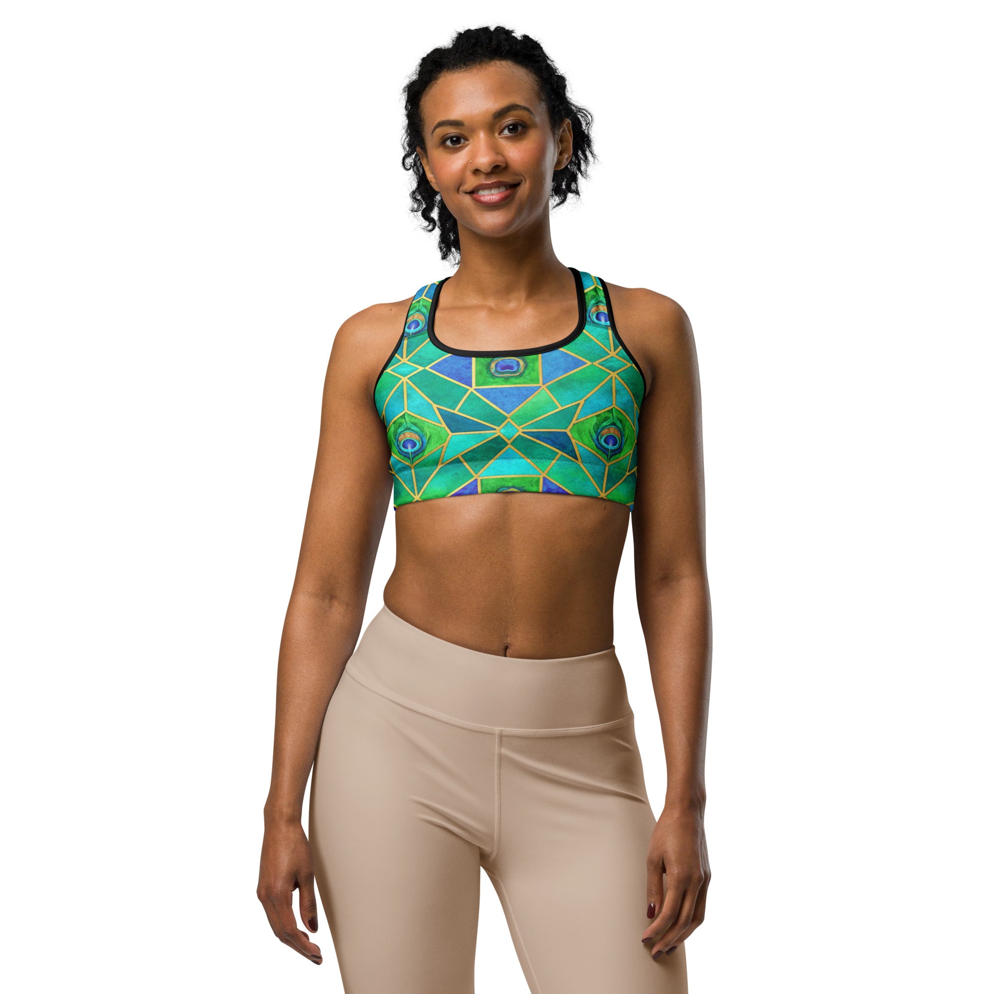 Women's peacock plume printed sports bra front view