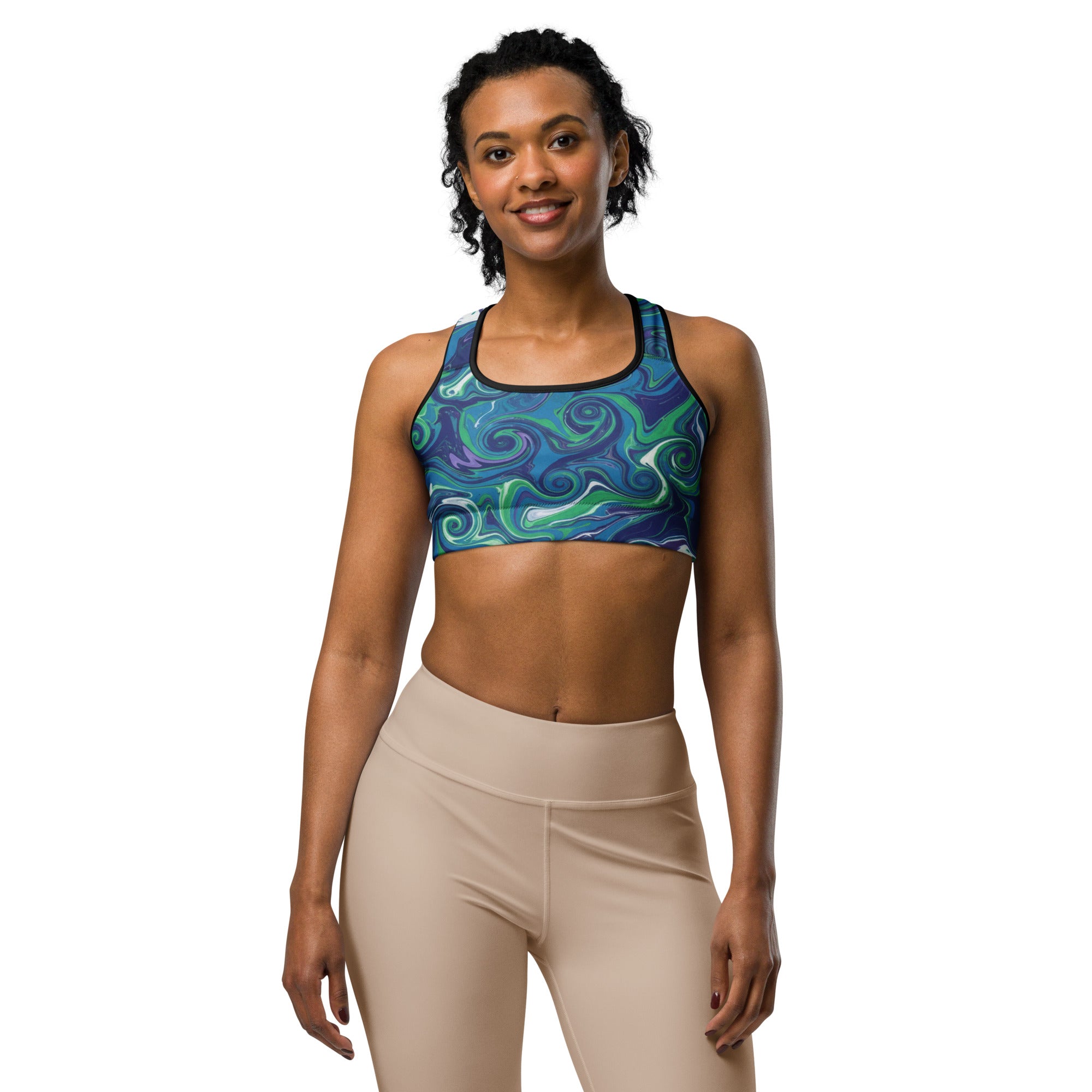 Women's liquid marble arctic aurora sports bra front view