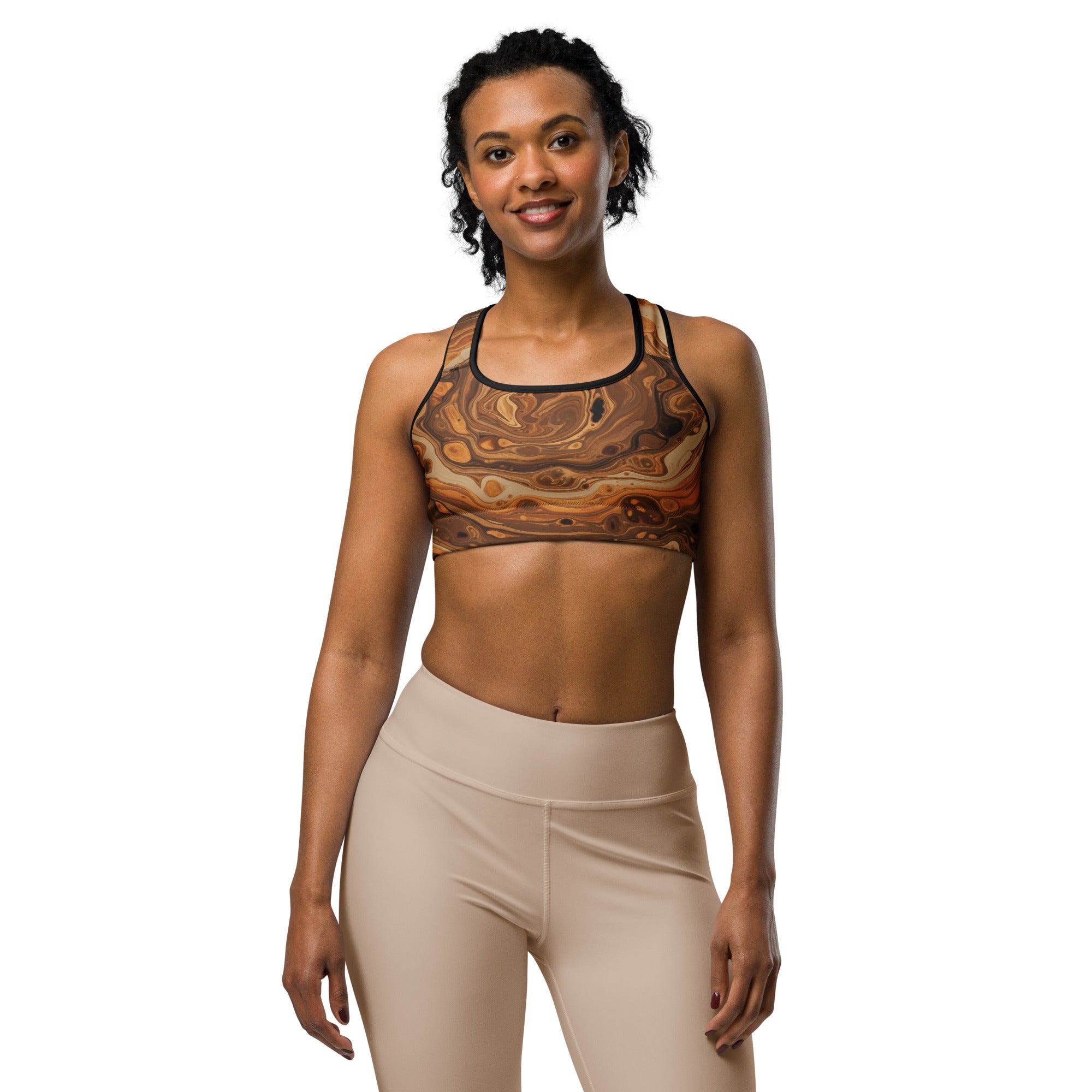 Women's liquid marble earth agate sports bra front view