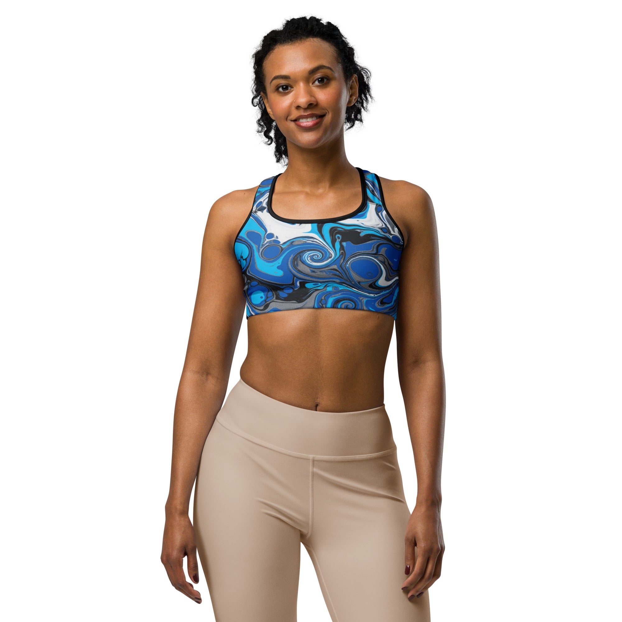 Women's liquid marble electric storm pattern sports bra front view