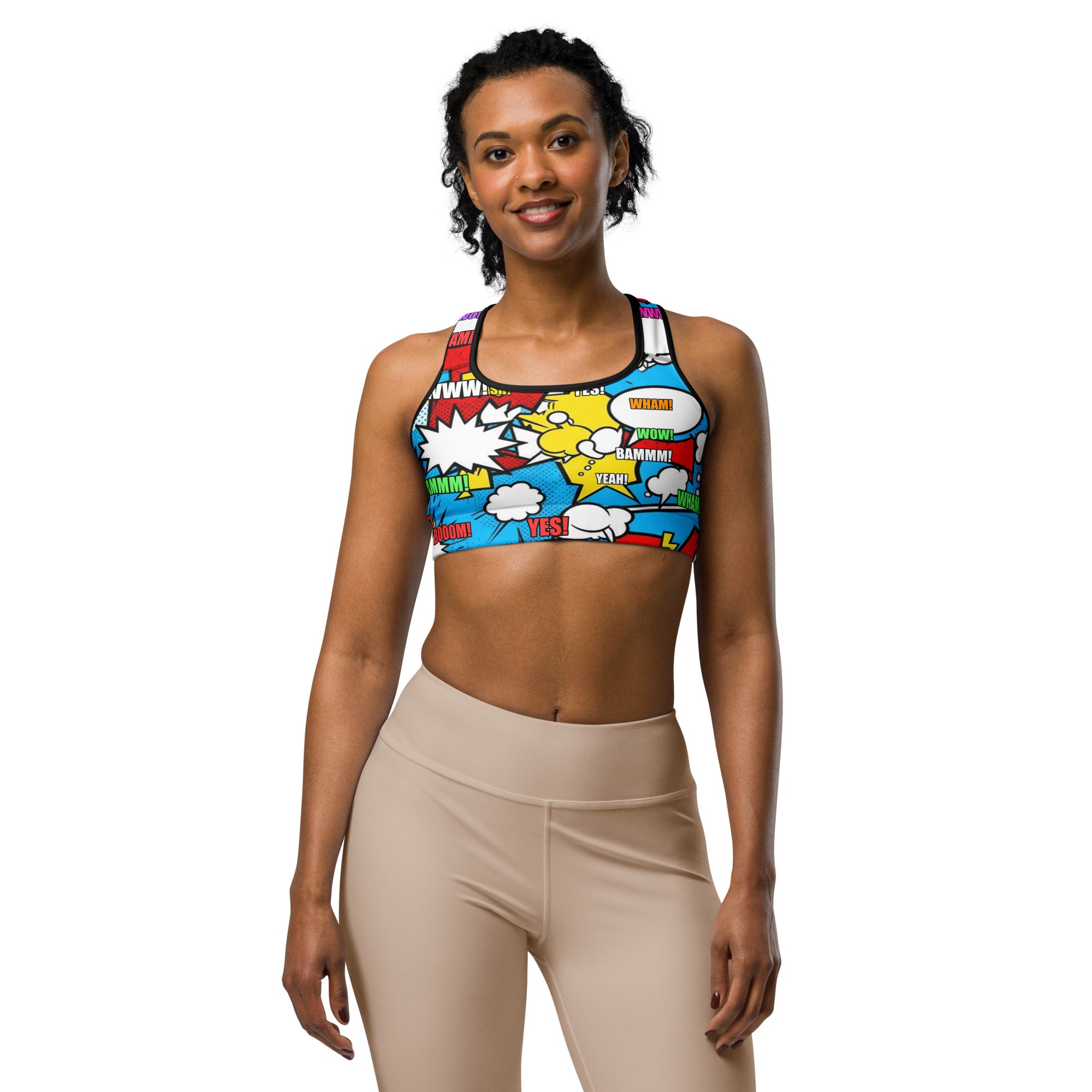 Women's comic pop electric blue sports bra front view