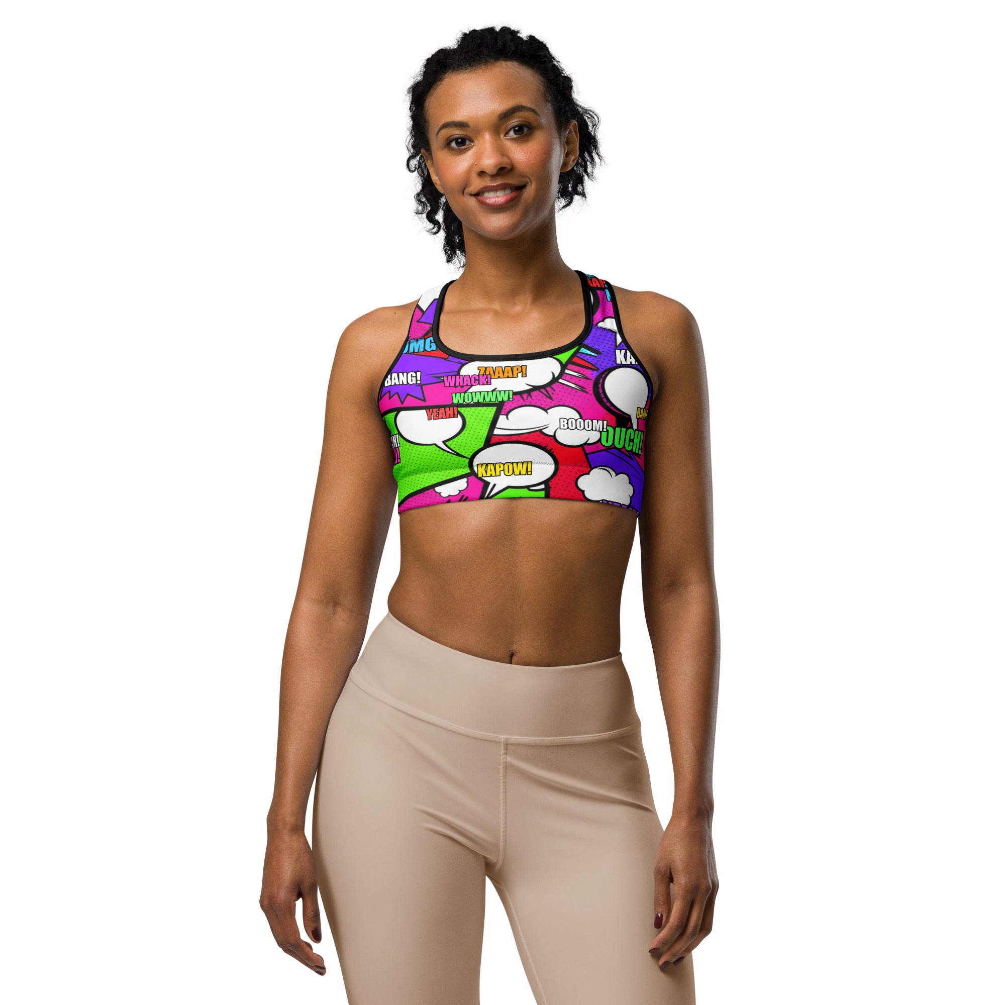 Women's comic pop neon pink sports bra front view