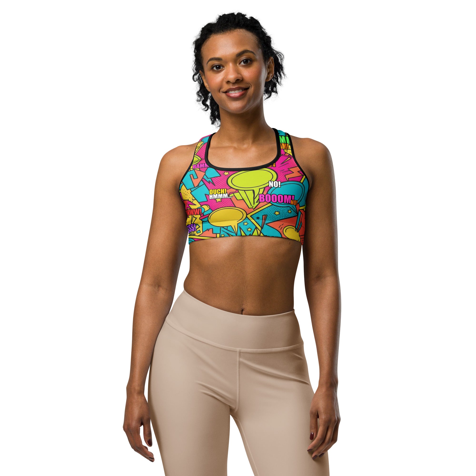 Women's comic pop tropical sports bra front view