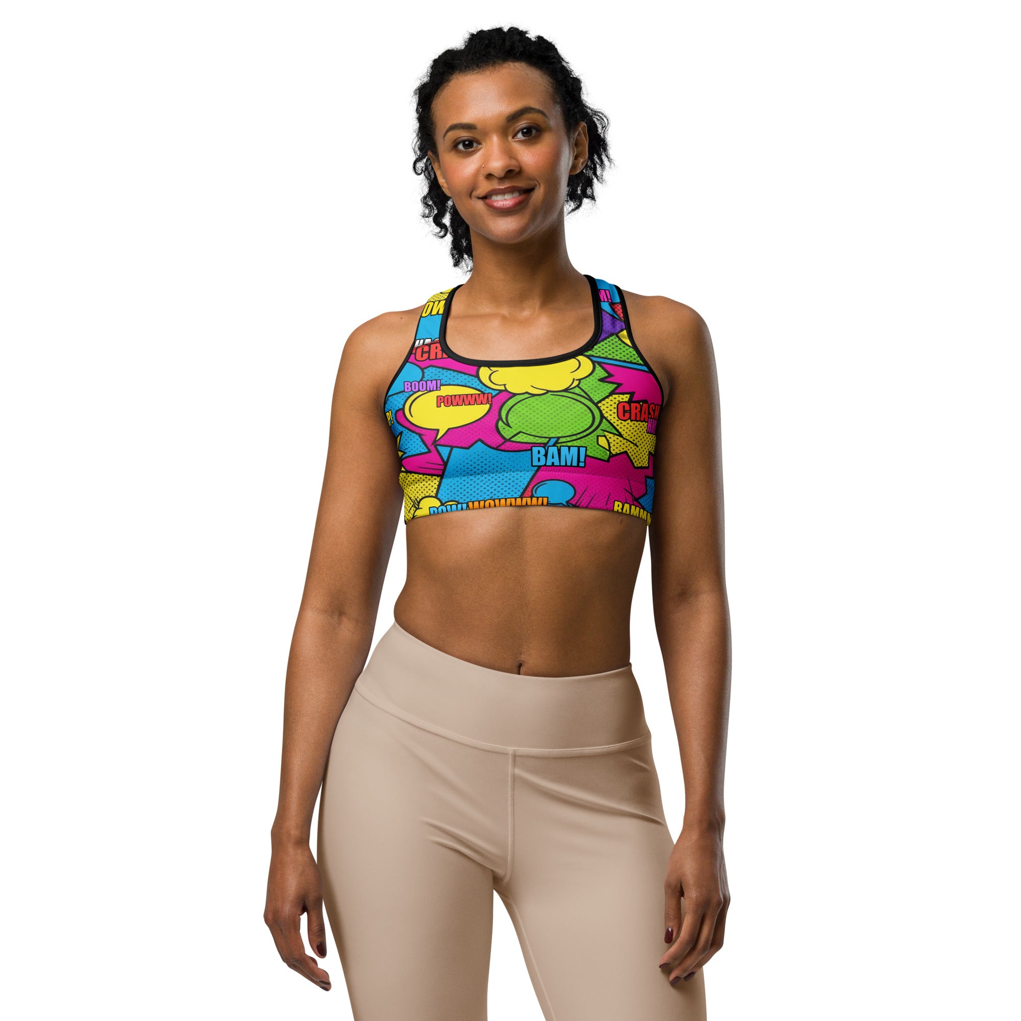 Women's comic strip retro sunday printed sports bra front view