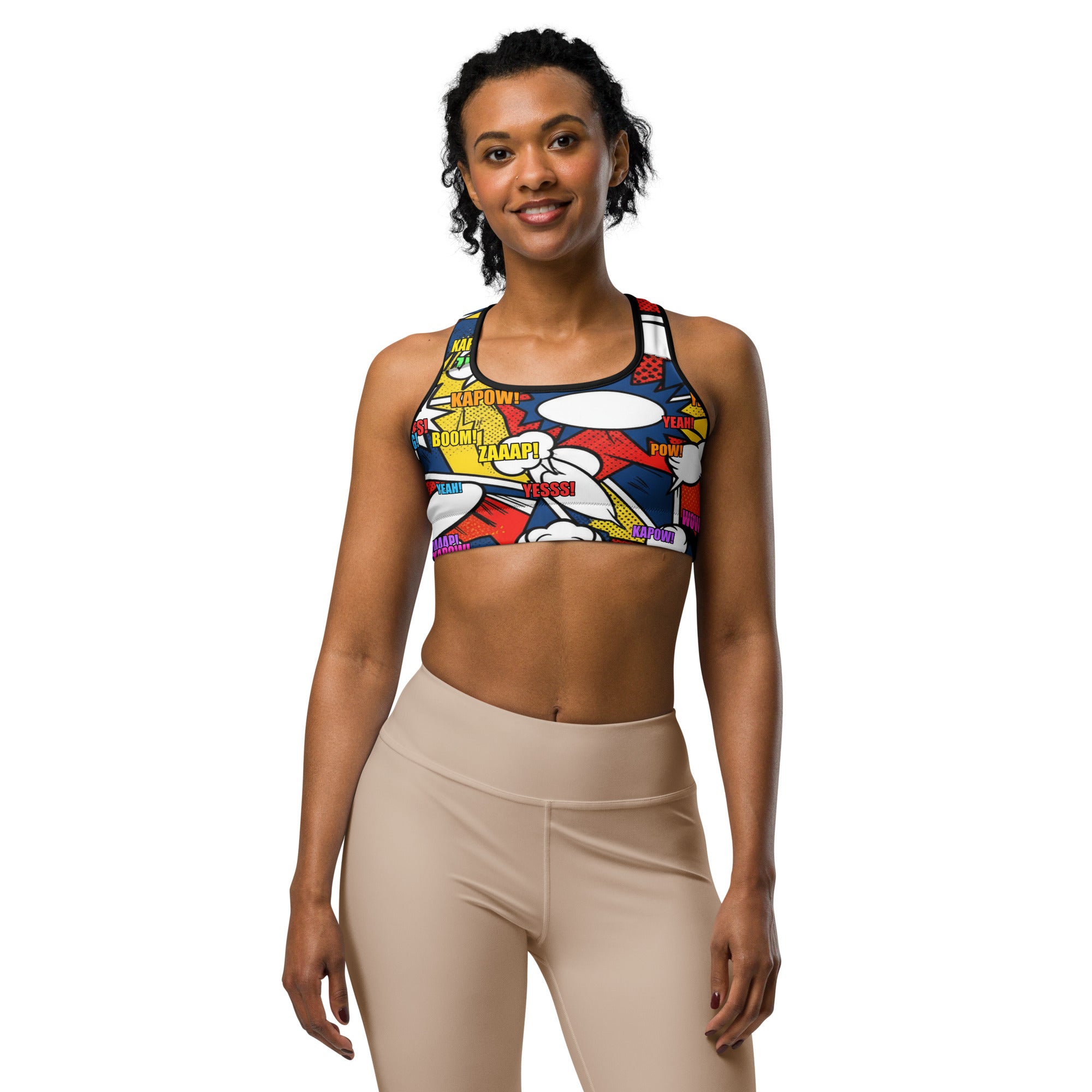 Women's comic strip thunder punch sports bra front view