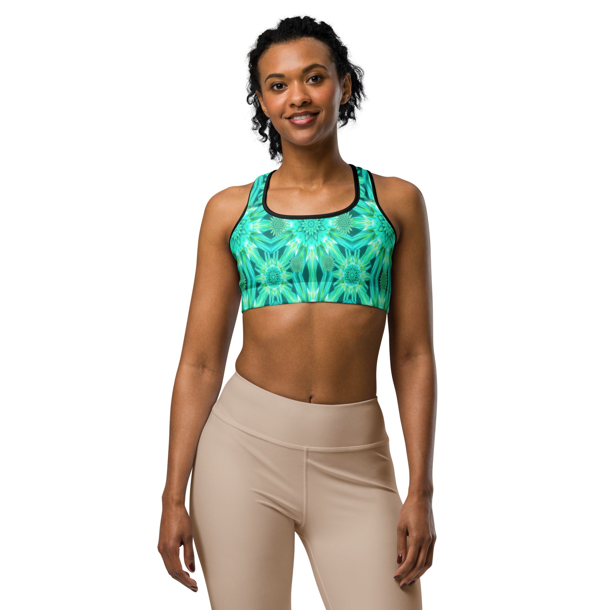 Women's psychedelic mint warp printed sports bra front view