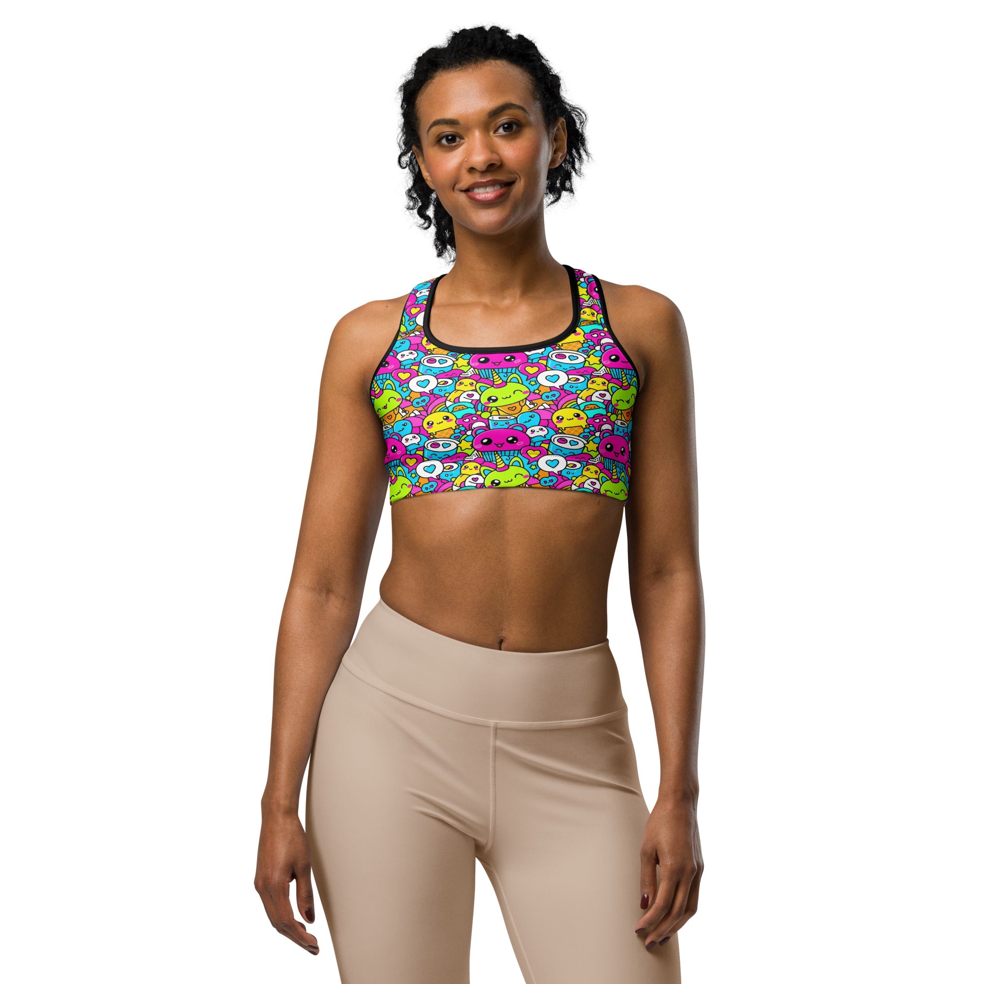 Women's kawaii candy land printed sports bra front view