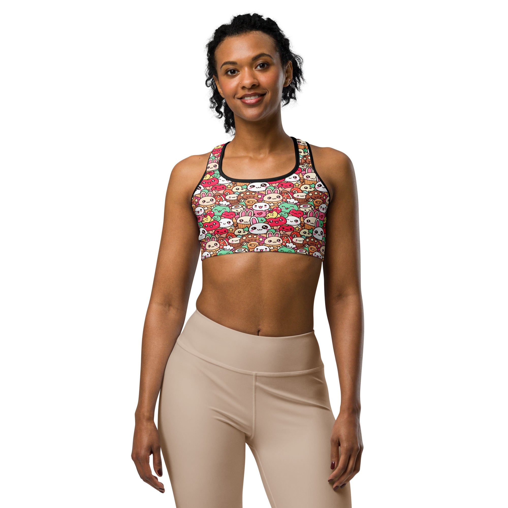 Women's kawaii bakery shop printed sports bra front view