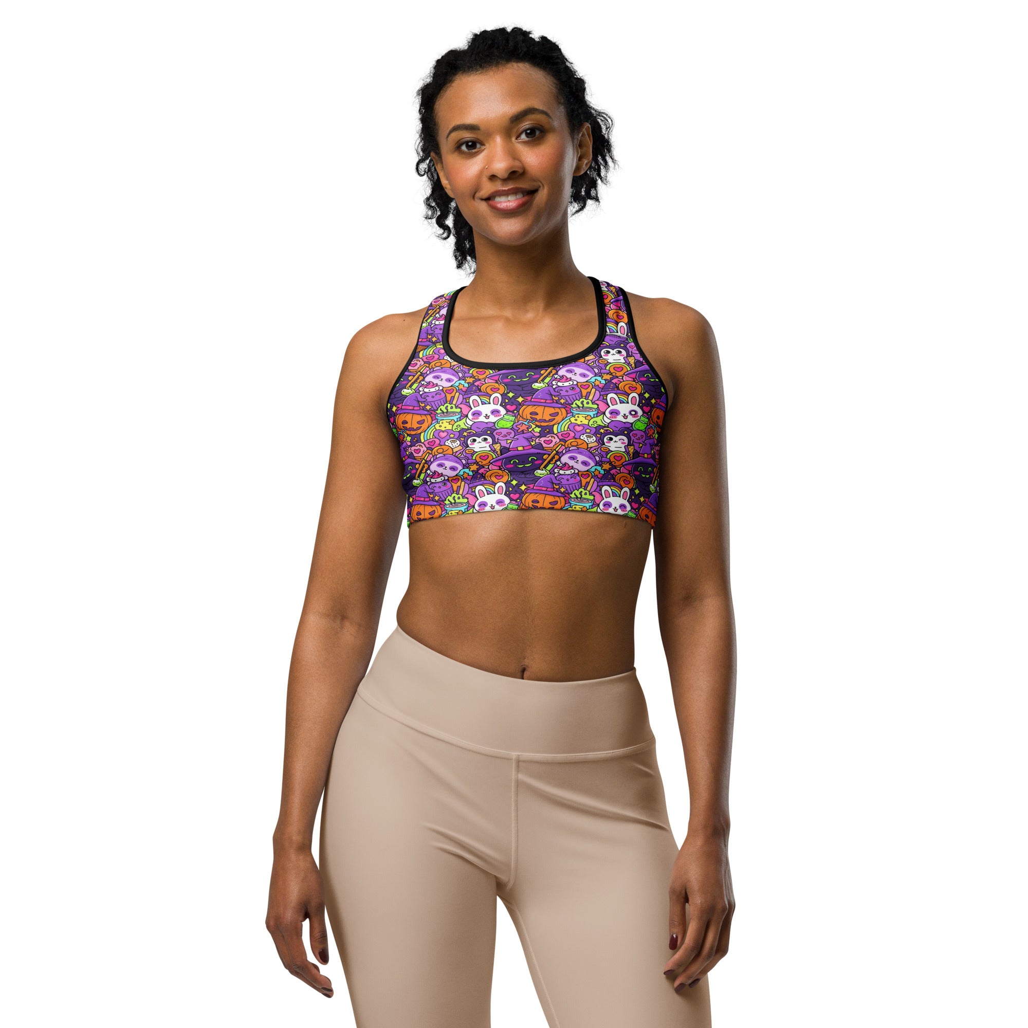 Women's kawaii witch familiar printed sports bra front view