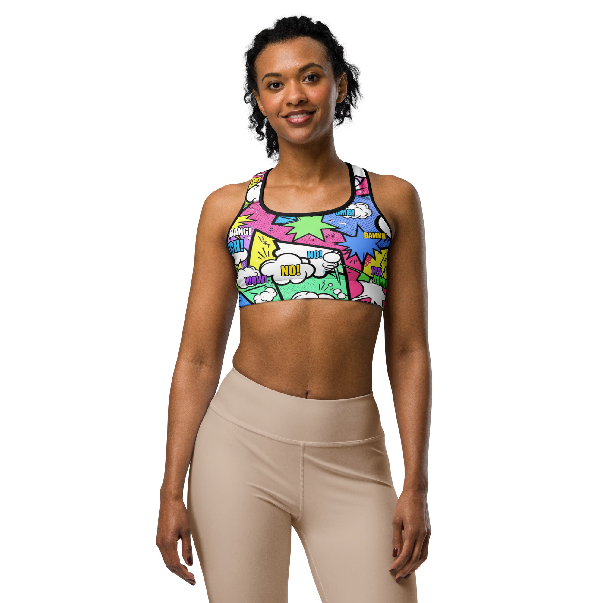 Women's comic strip pop candy printed sports bra front view