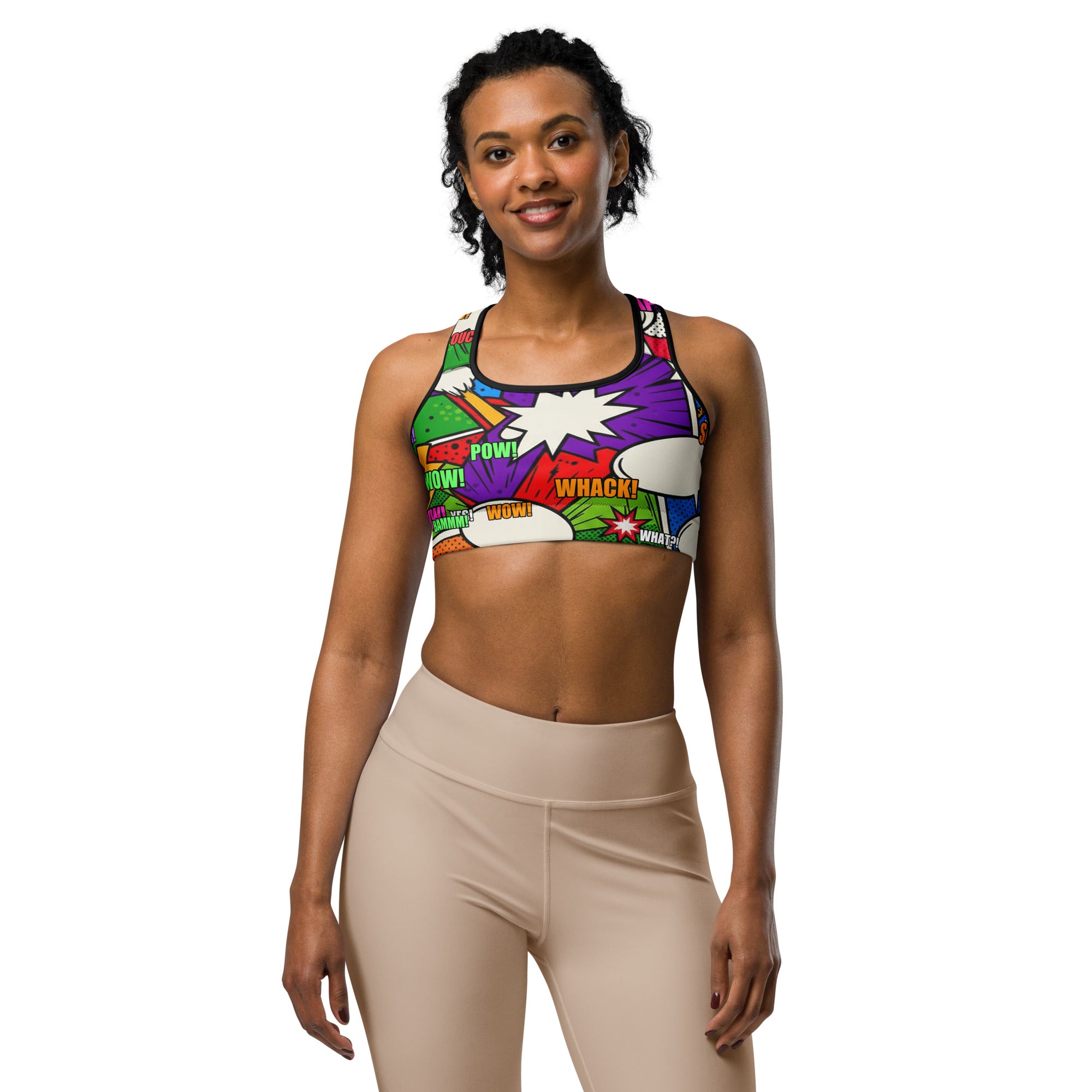 Women's comic strip monster mash printed sports bra front view