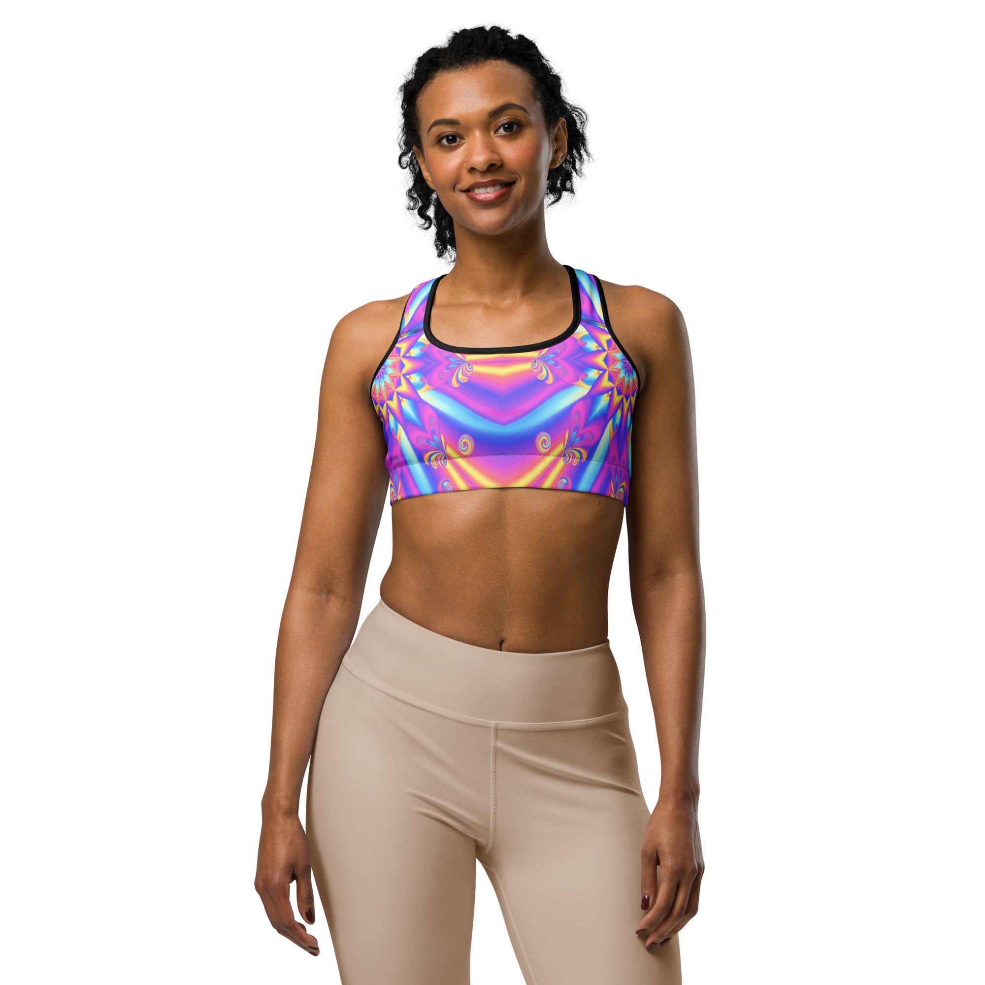 Women's psychedelic candy rave sports bra front view