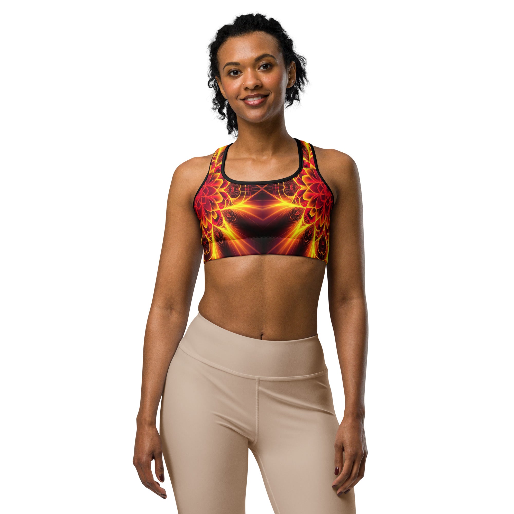 Women's psychedelic magma core printed sports bra front view