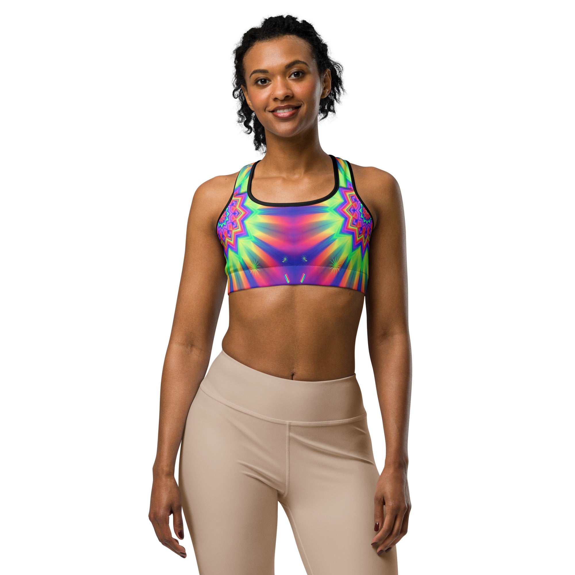 Women's psychedelic starburst prism printed sports bra front view