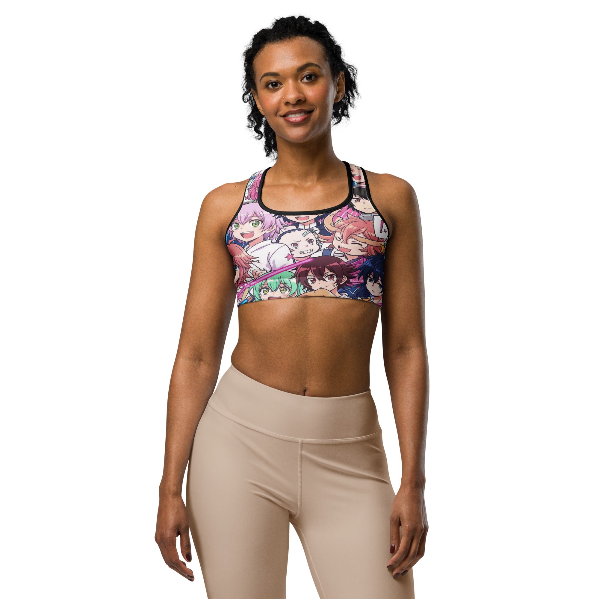 Women's anime collage sakura school printed sports bra front view