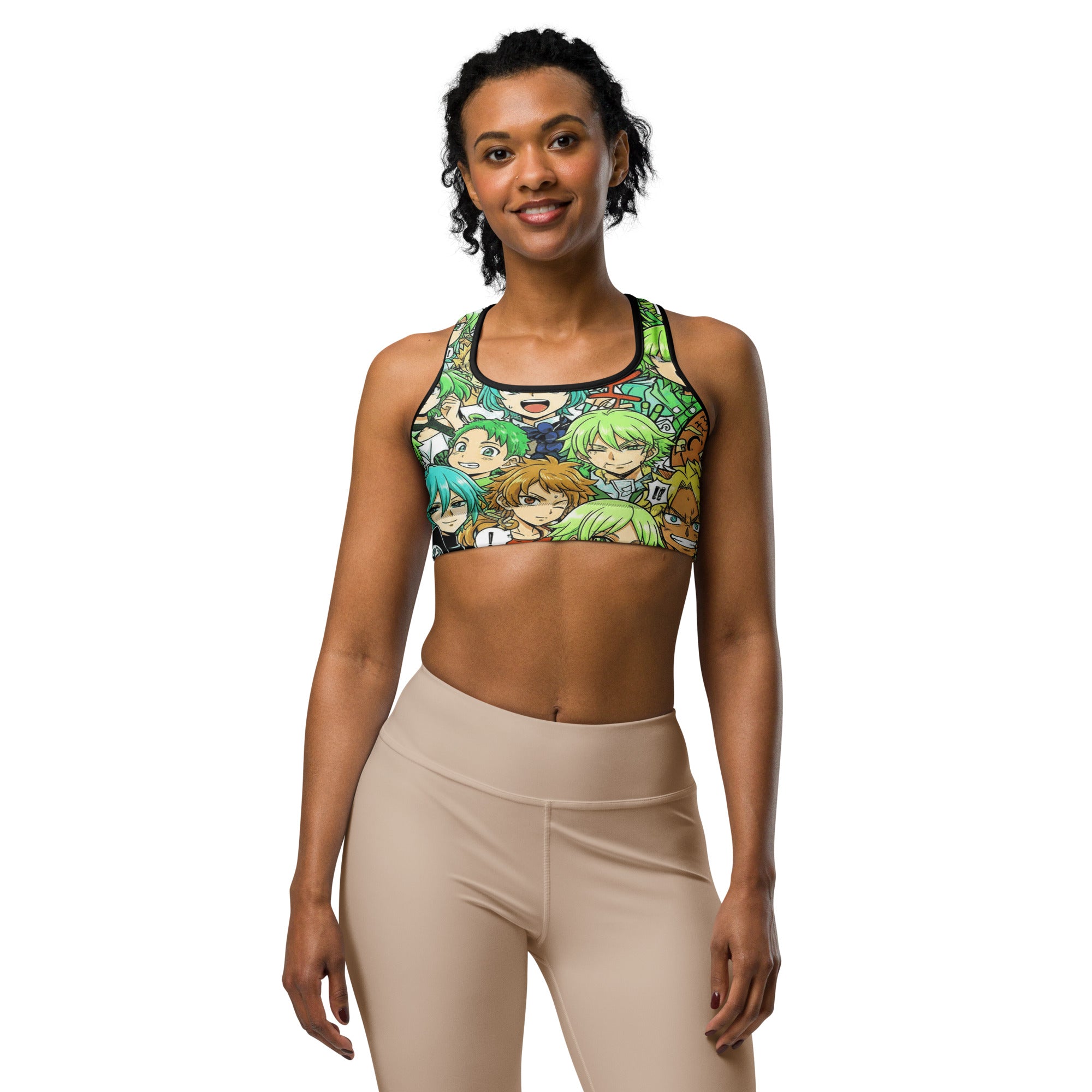 Women's anime collage forest spirit sports bra front view