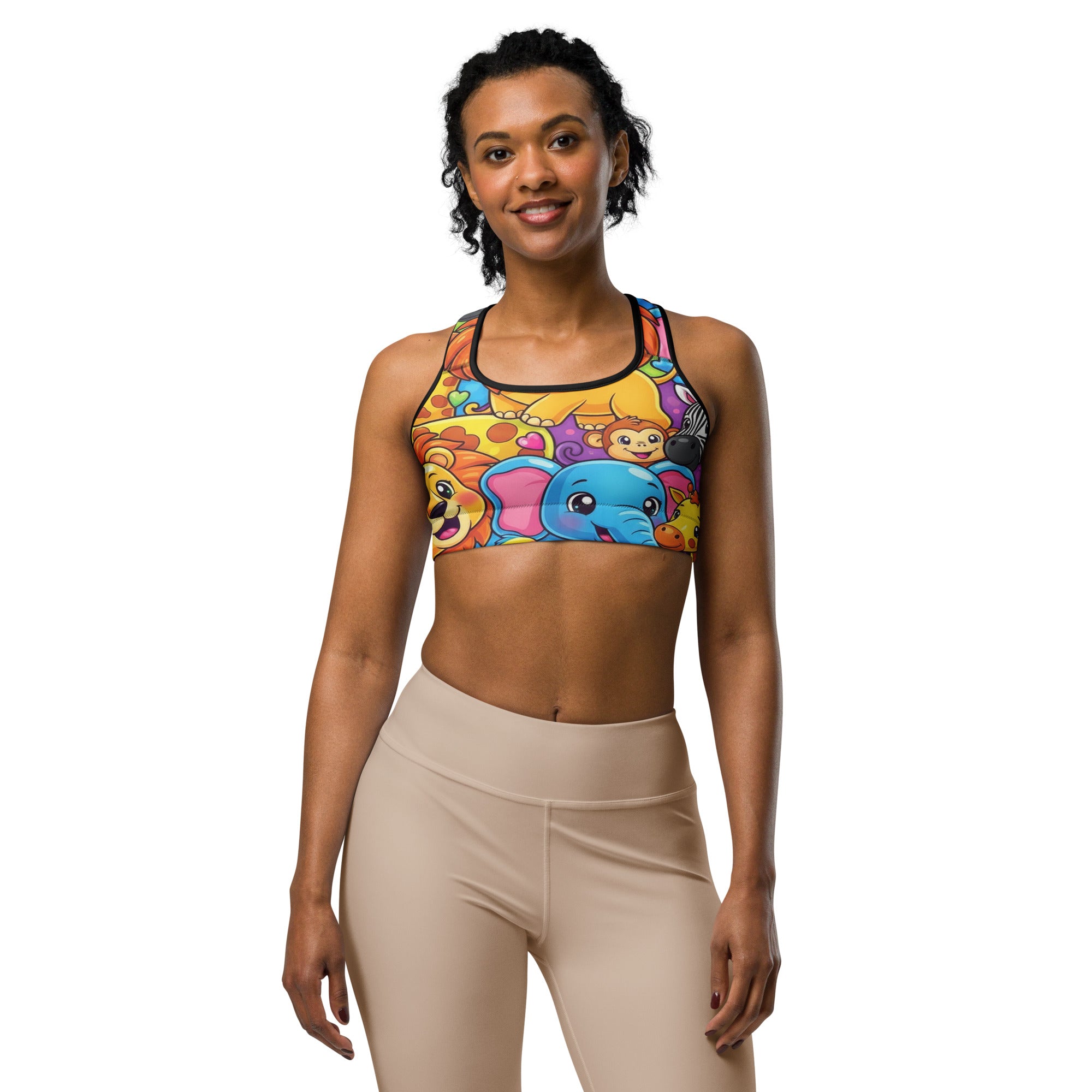 Women's vibrant jungle safari sports bra front view