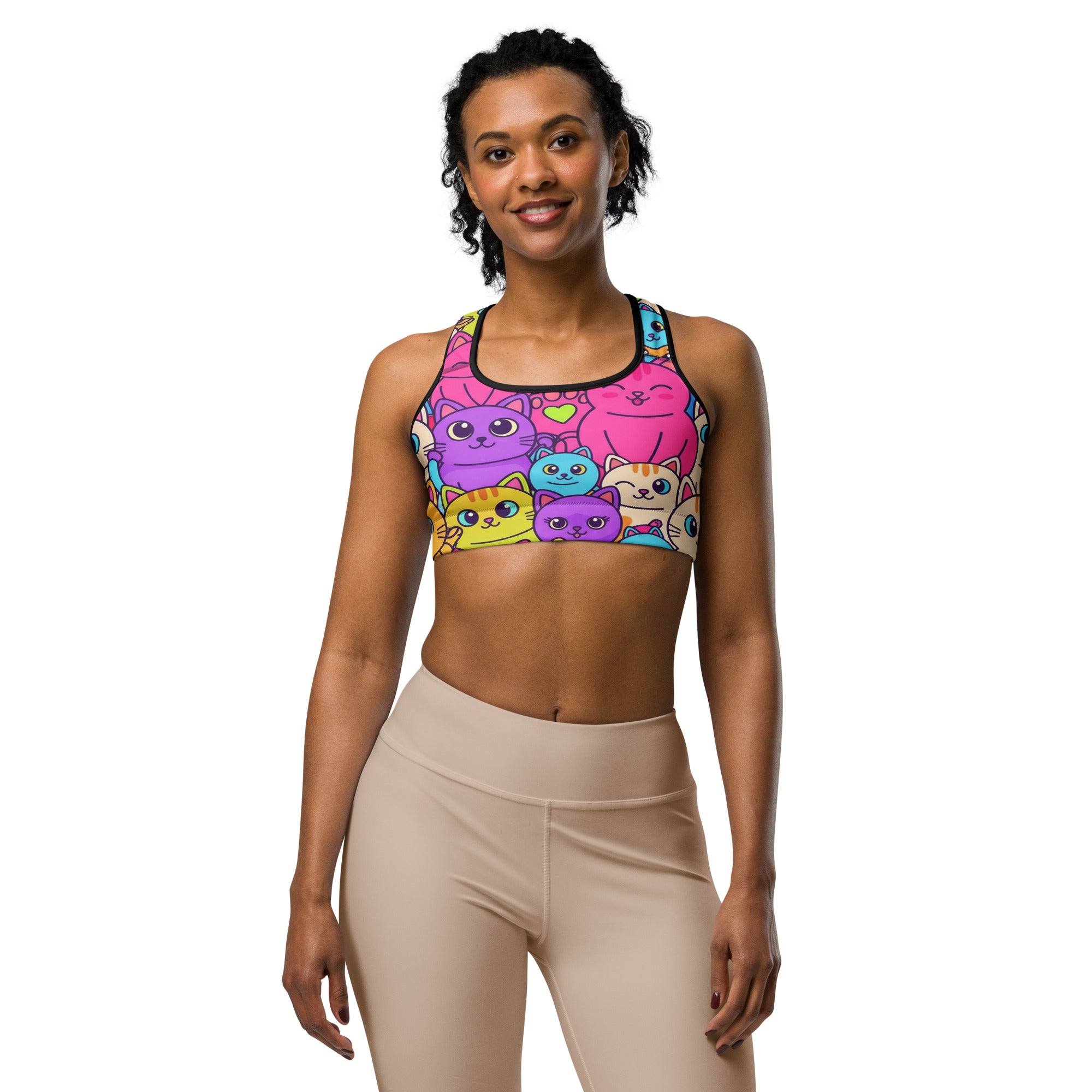Women's vibrant cats everywhere printed sports bra front view