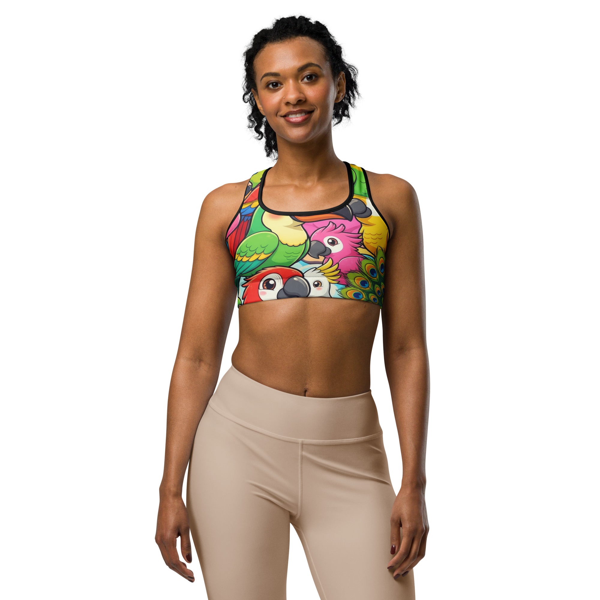 Women's vibrant tropical birds sports bra front view