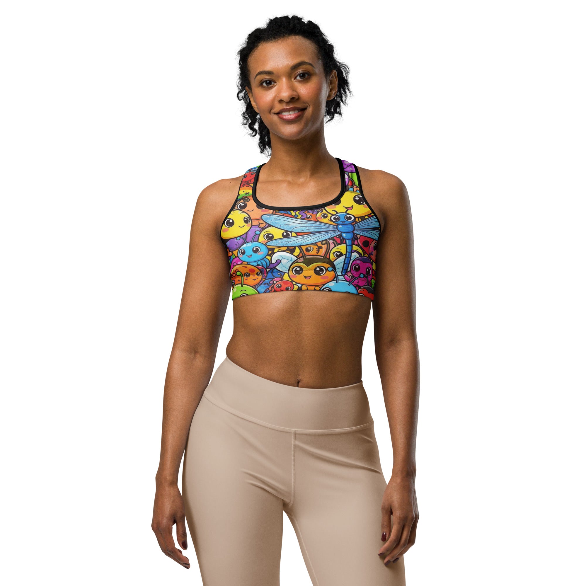 Women's vibrant bug life printed sports bra front view