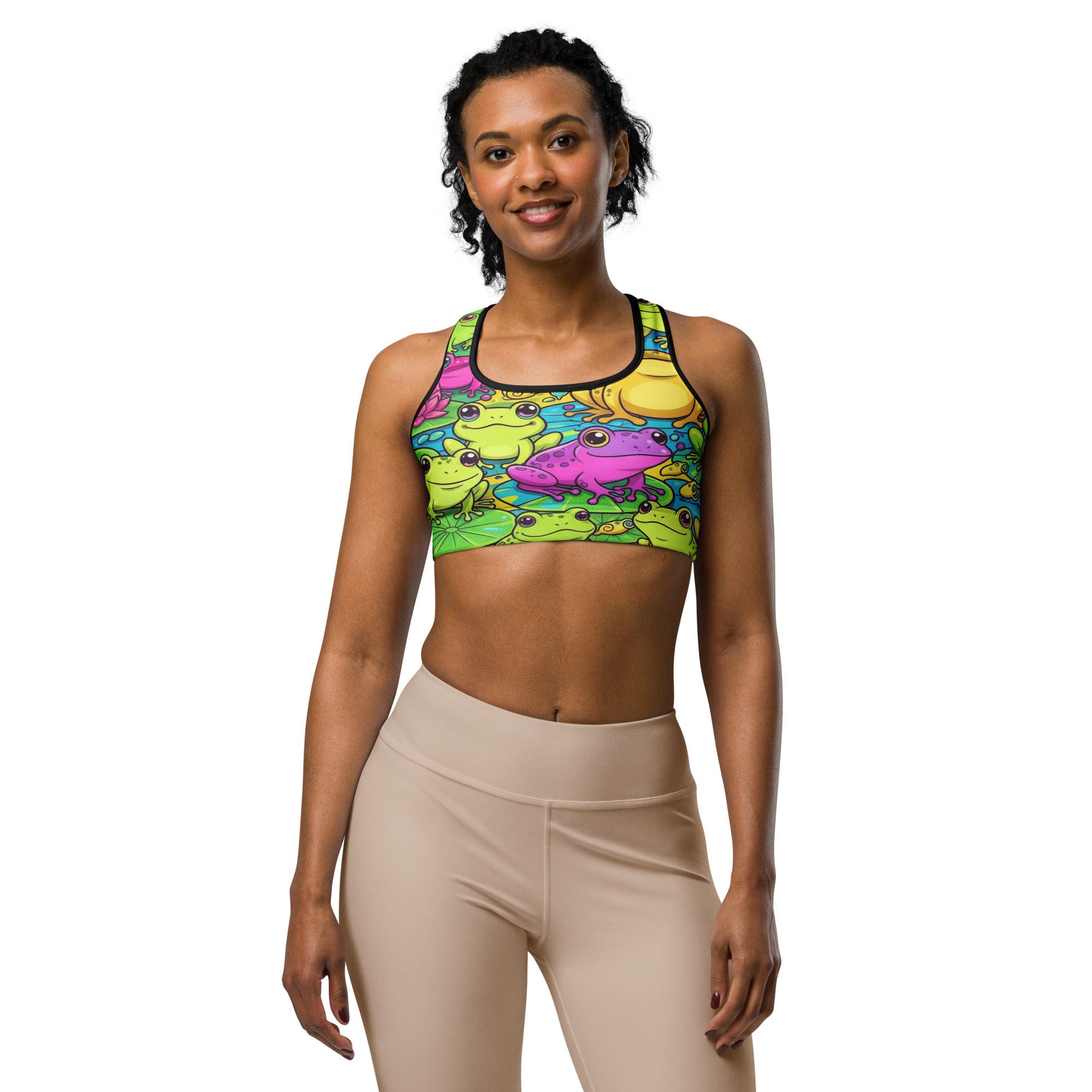 Women's vibrant frog pond printed sports bra front view