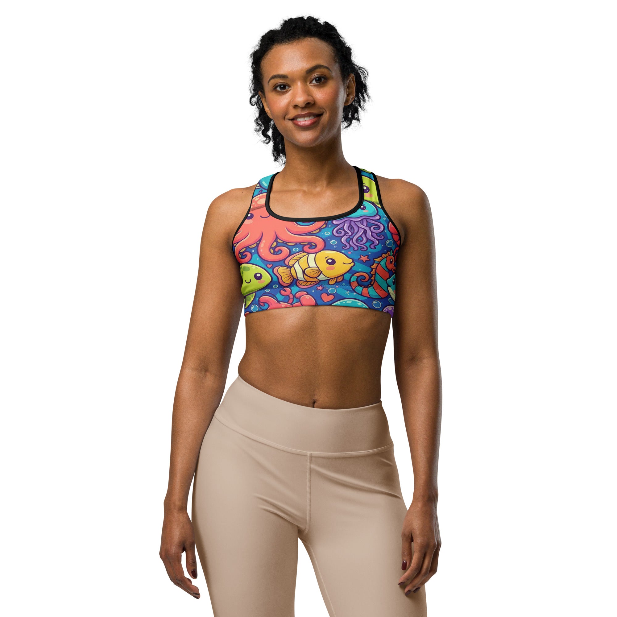 Women's vibrant under the sea printed sports bra front view