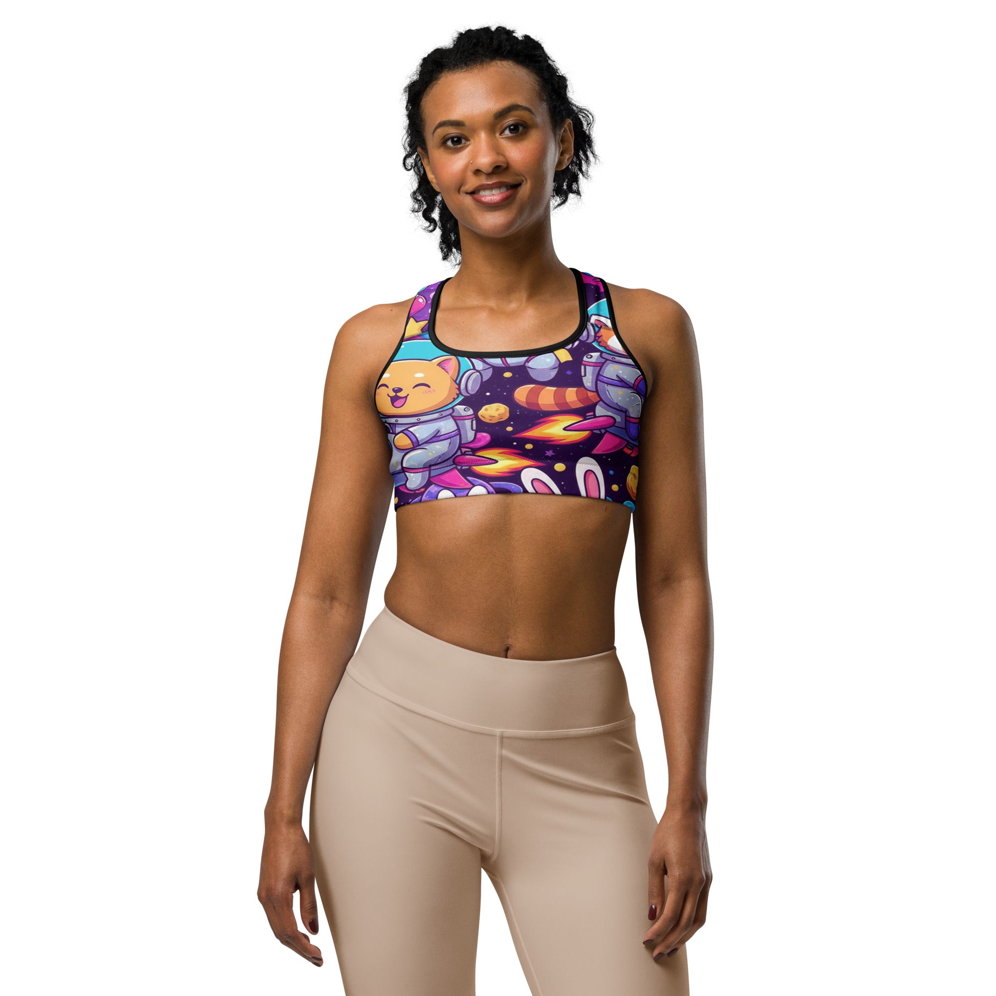 Women's space animals printed sports bra front view