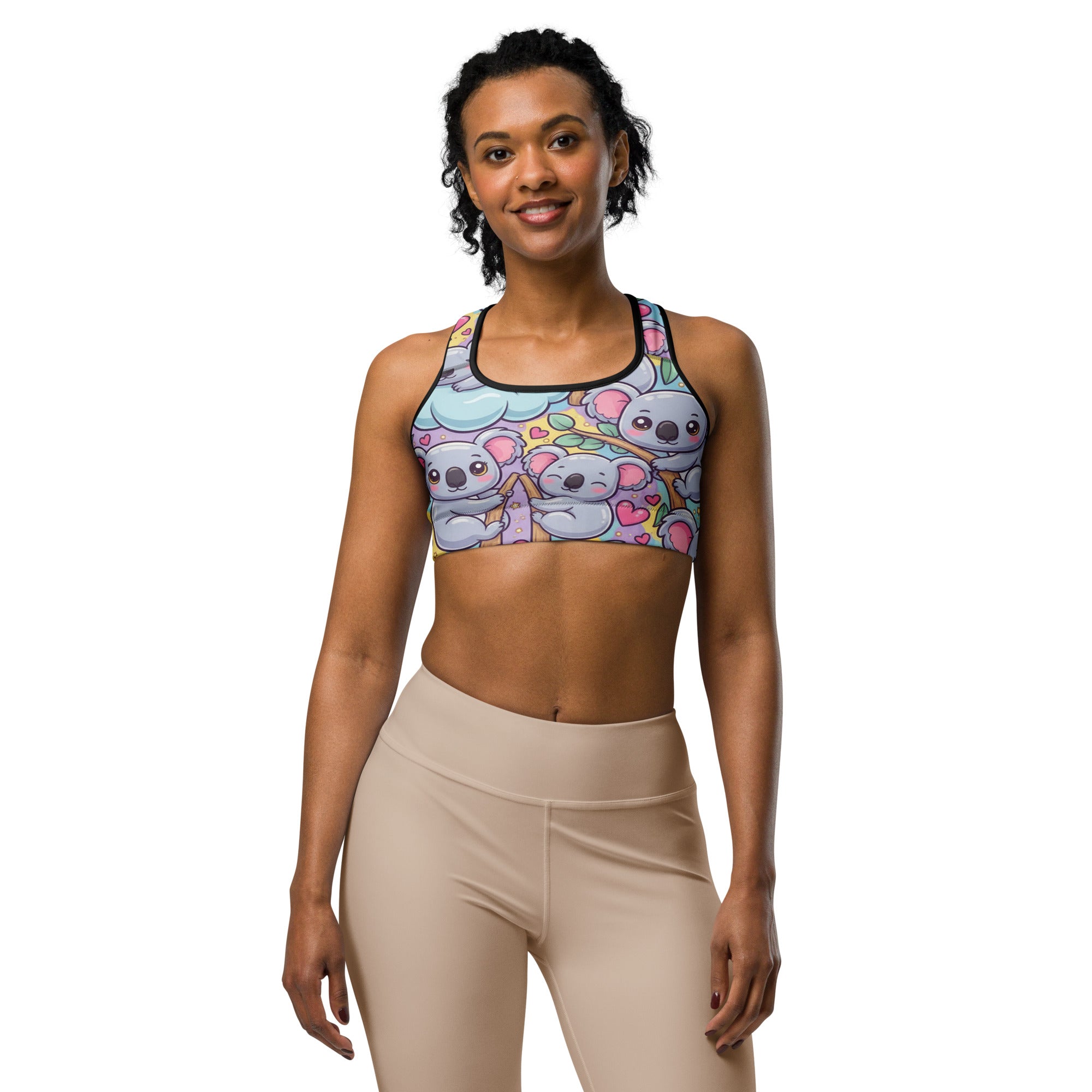 Women's vibrant koala and friends printed sports bra front view