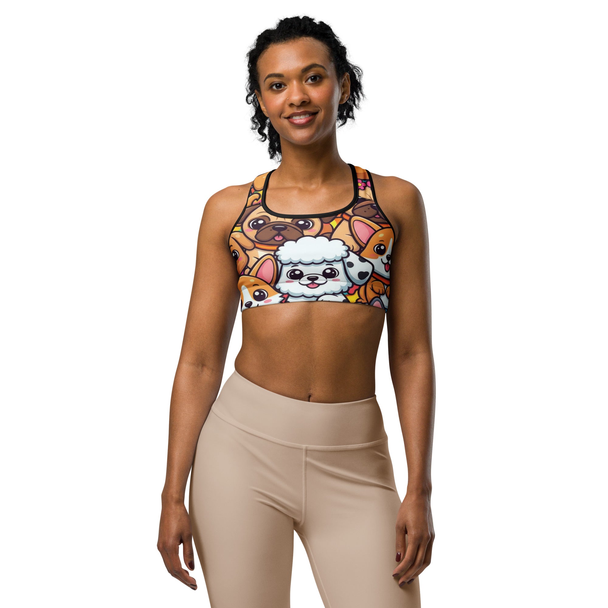 Women's puppy pile printed sports bra front view