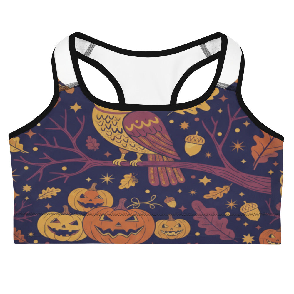 Women's owl patterned sports bra front view
