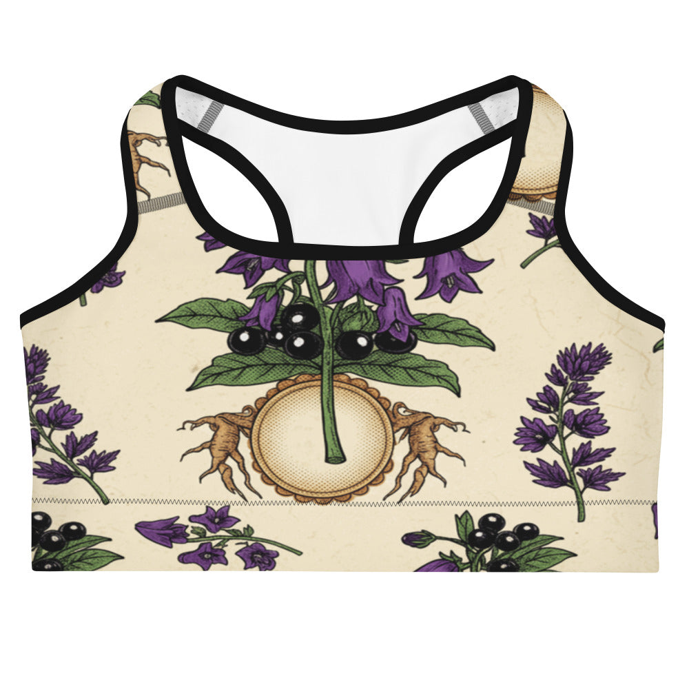 Women's belladonna poison garden sports bra front view
