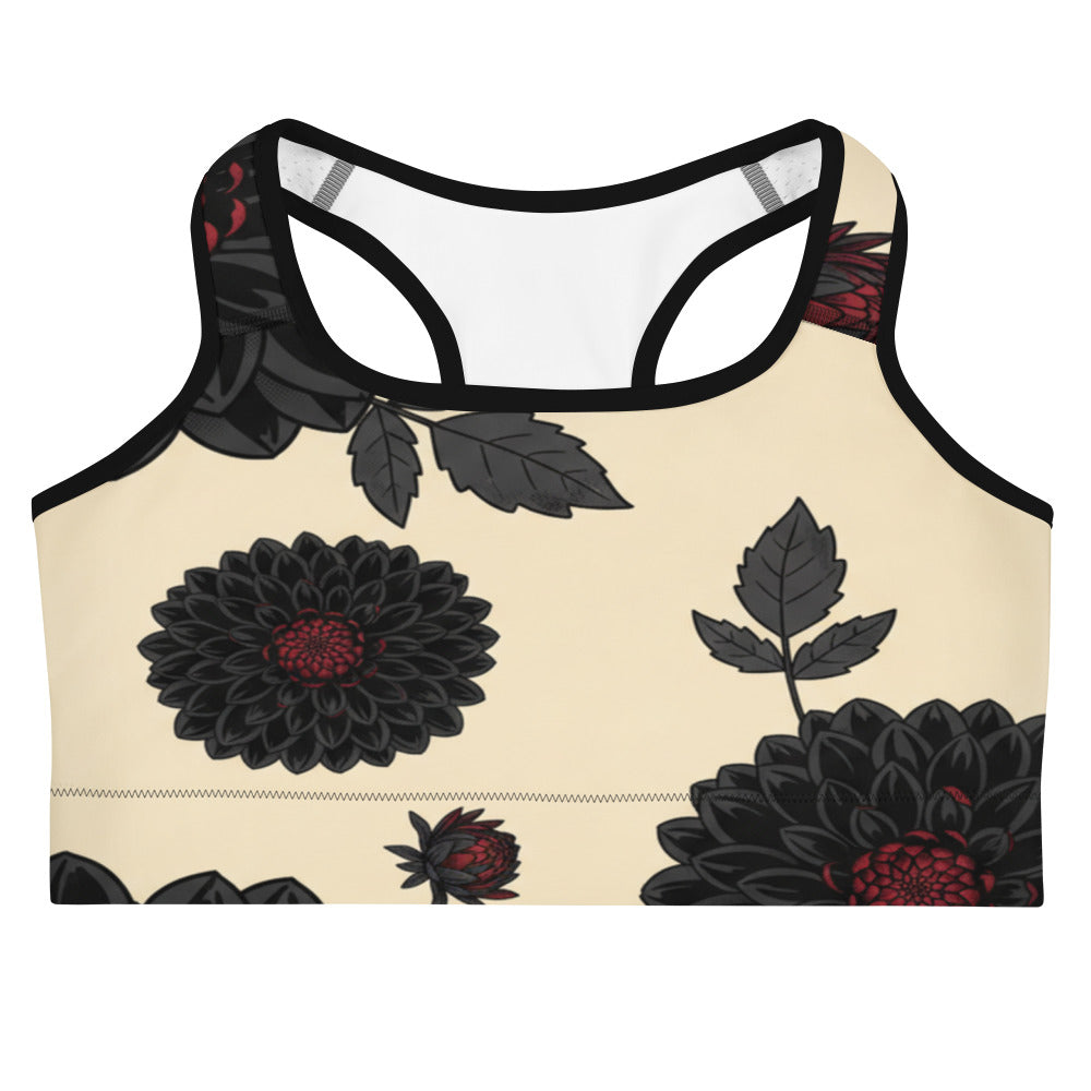 Women's black dahlia bloom sports bra front view